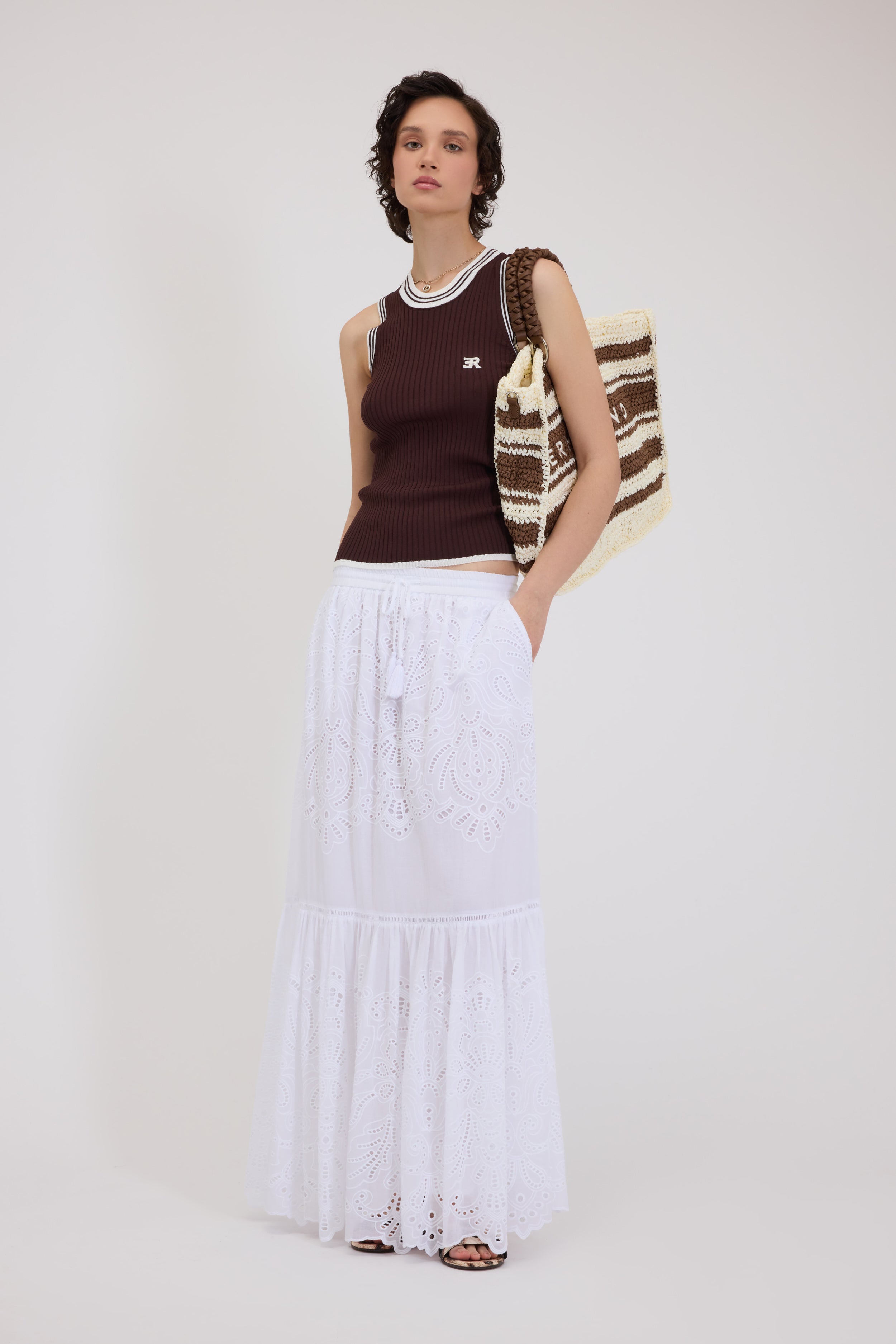 LONG RUFFLED SKIRT IN BRODERIE ANGLAISE