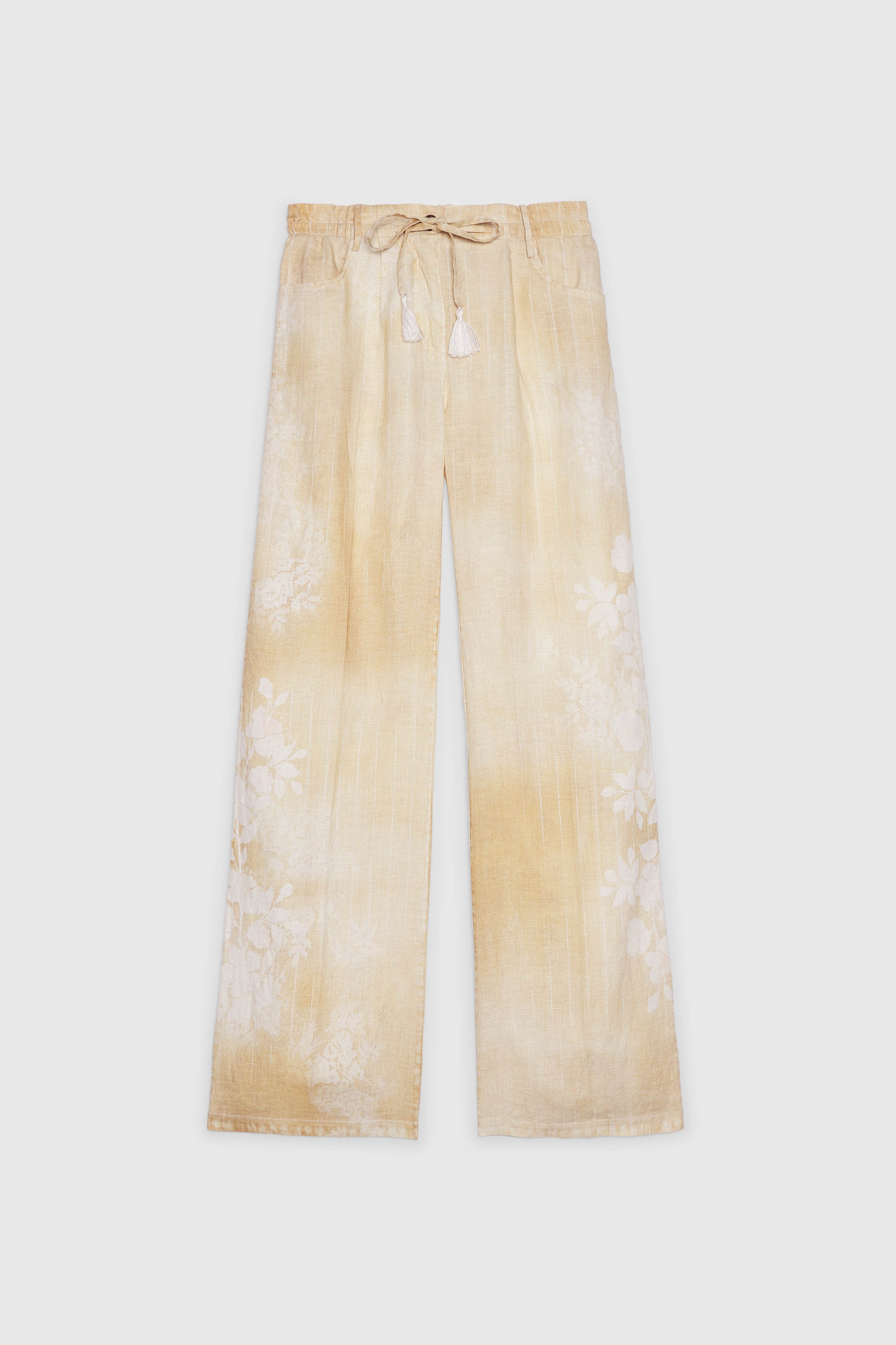 PANTALONI AMPI IN LINO COLOR SABBIA CON STAMPA SFUMATA FLOREALE