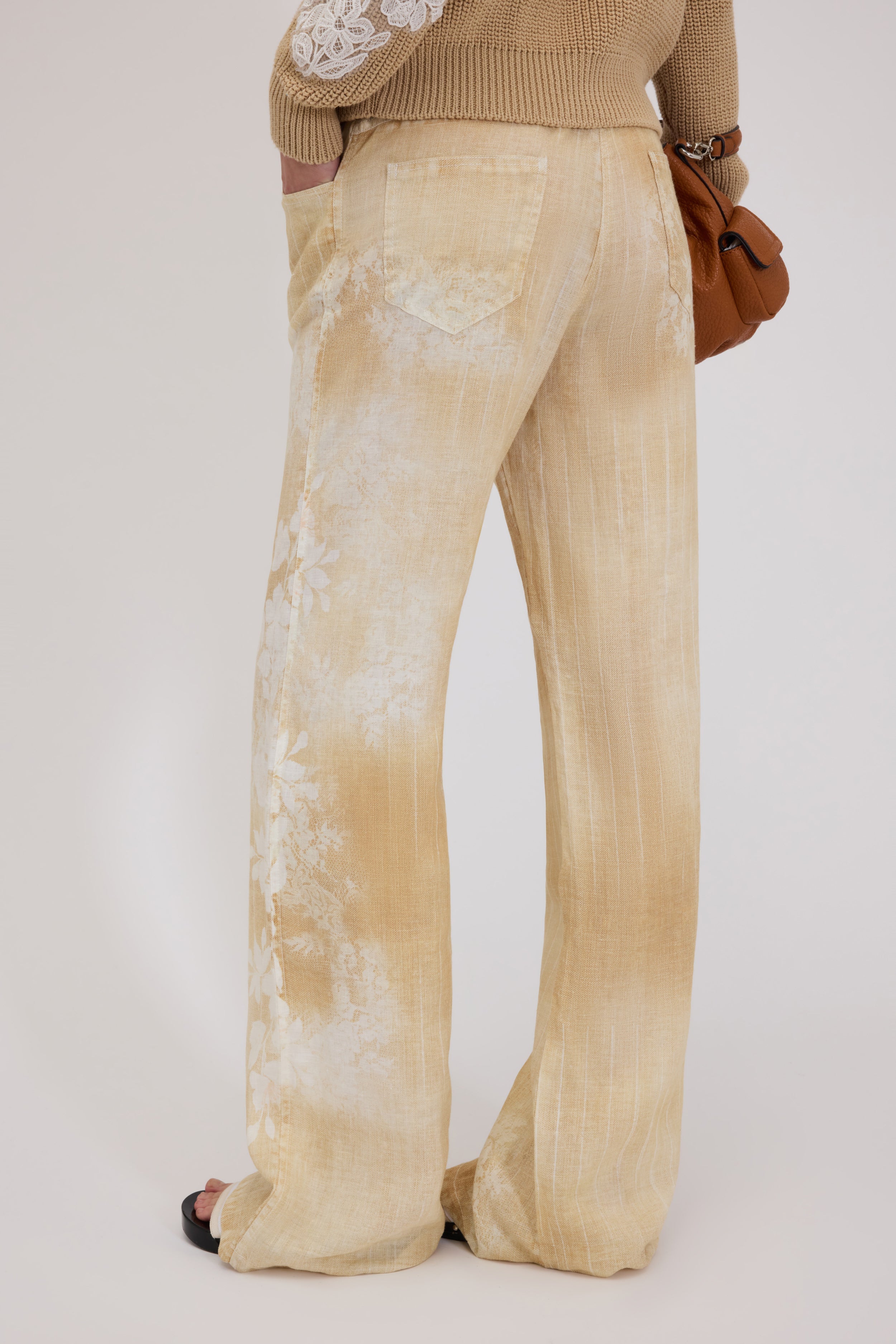 PANTALONI AMPI IN LINO COLOR SABBIA CON STAMPA SFUMATA FLOREALE