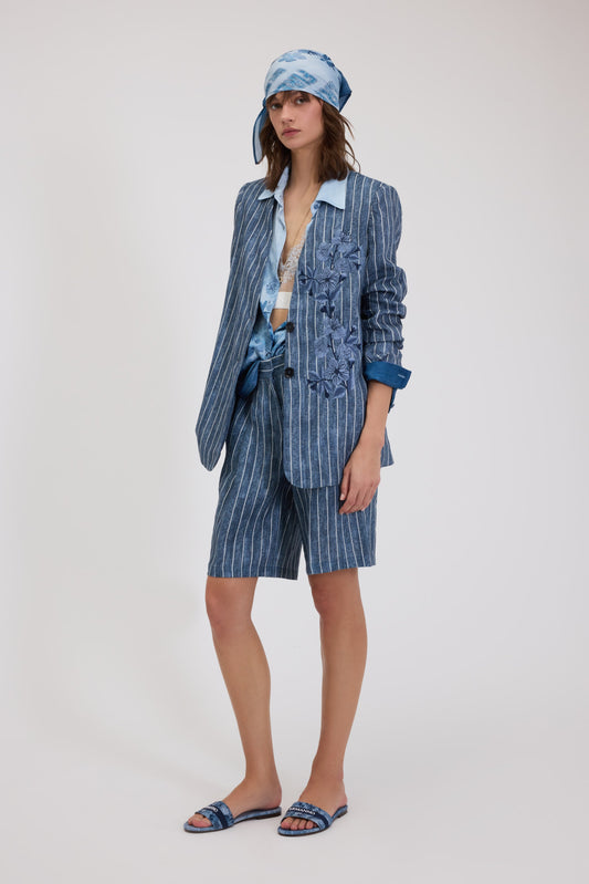 BERMUDA IN LINO GESSATO STAMPA DENIM