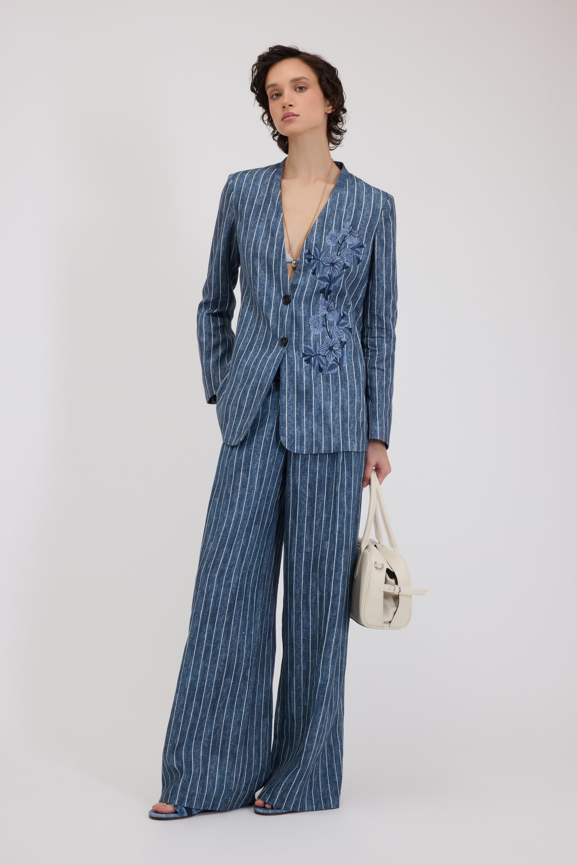 PANTALON LARGE À RAYURES EN LIN IMPRIMÉ DENIM