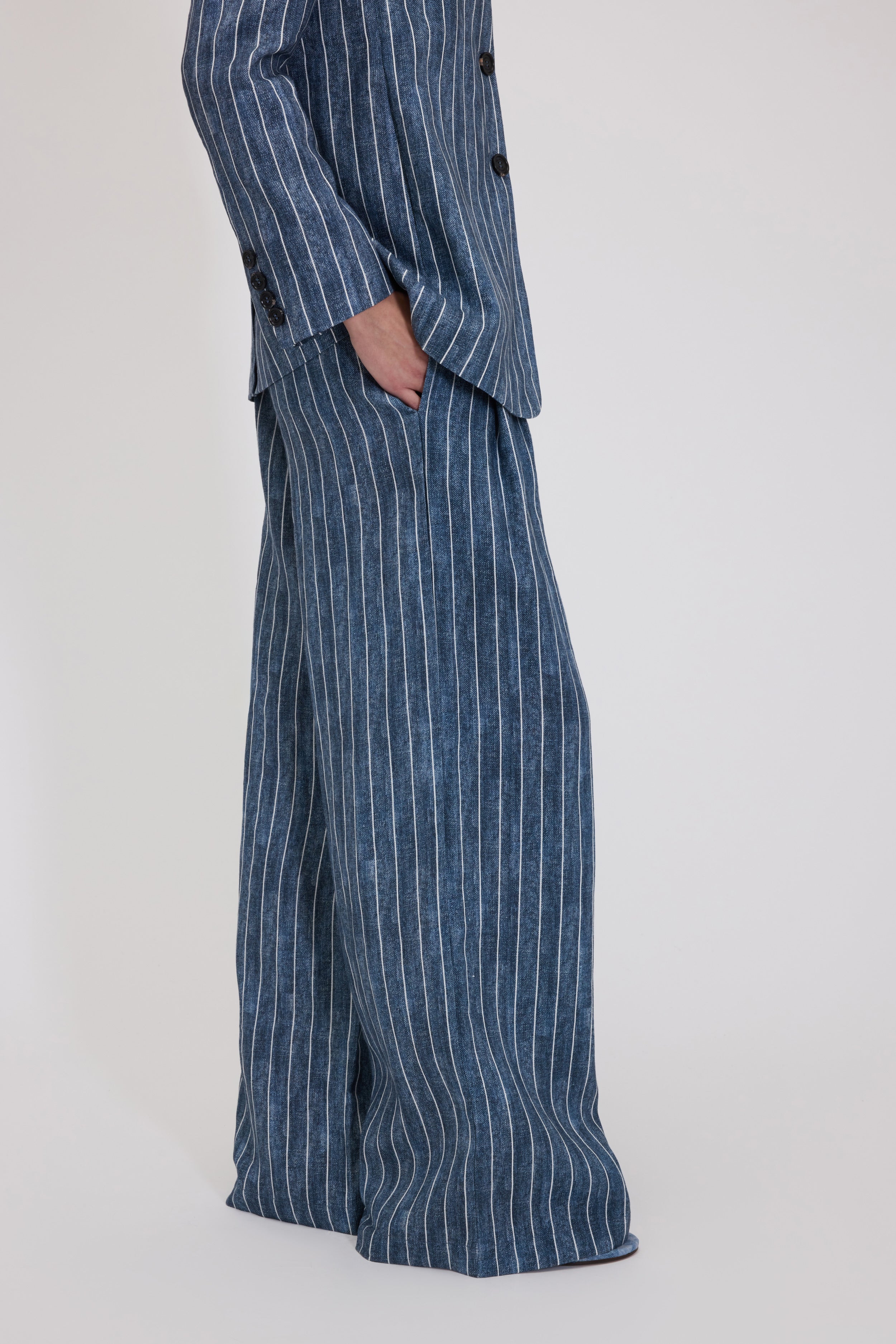 PANTALON LARGE À RAYURES EN LIN IMPRIMÉ DENIM