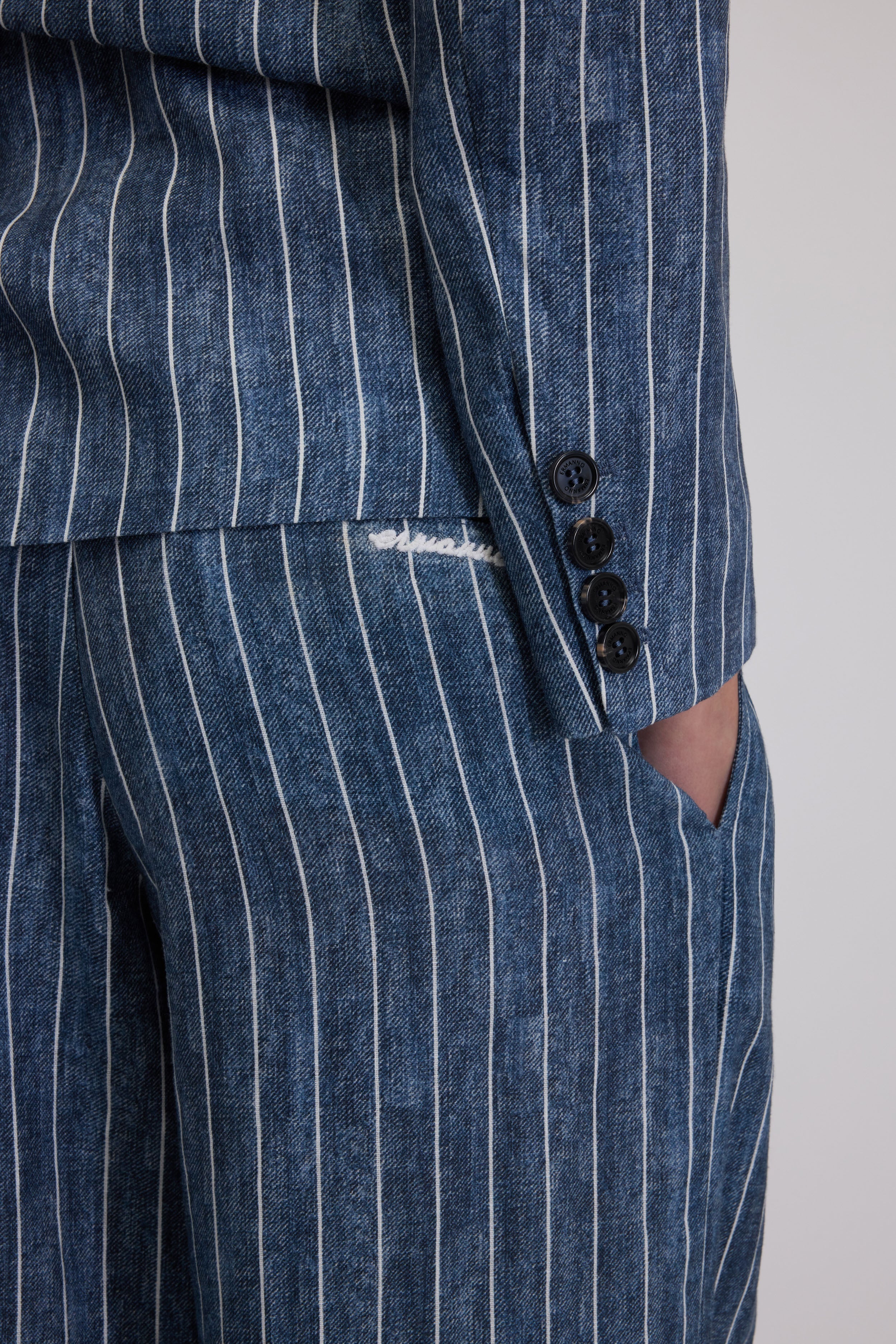 PANTALON LARGE À RAYURES EN LIN IMPRIMÉ DENIM