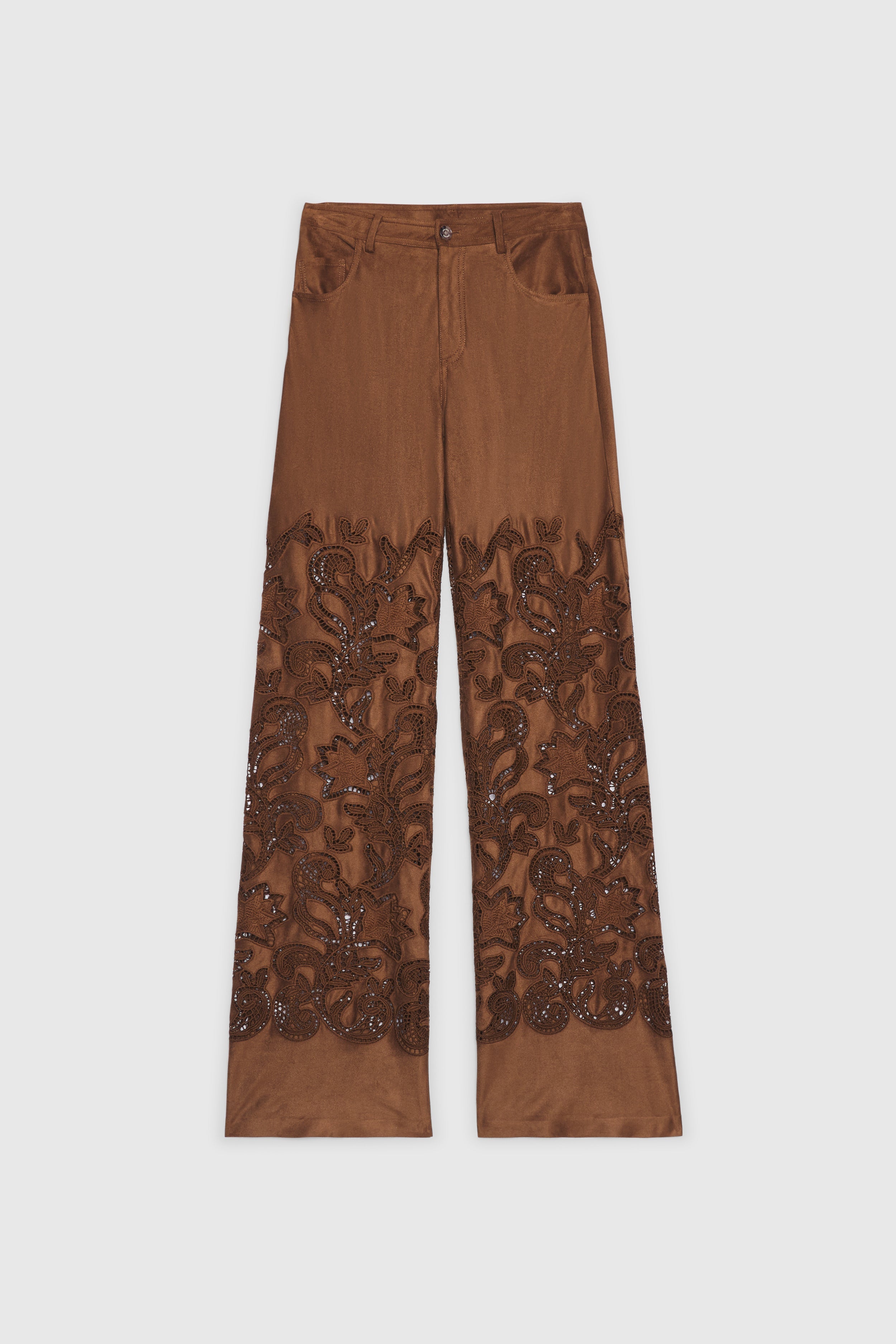 PANTALONI FLARE SCAMOCIATI CON RICAMO SANGALLO