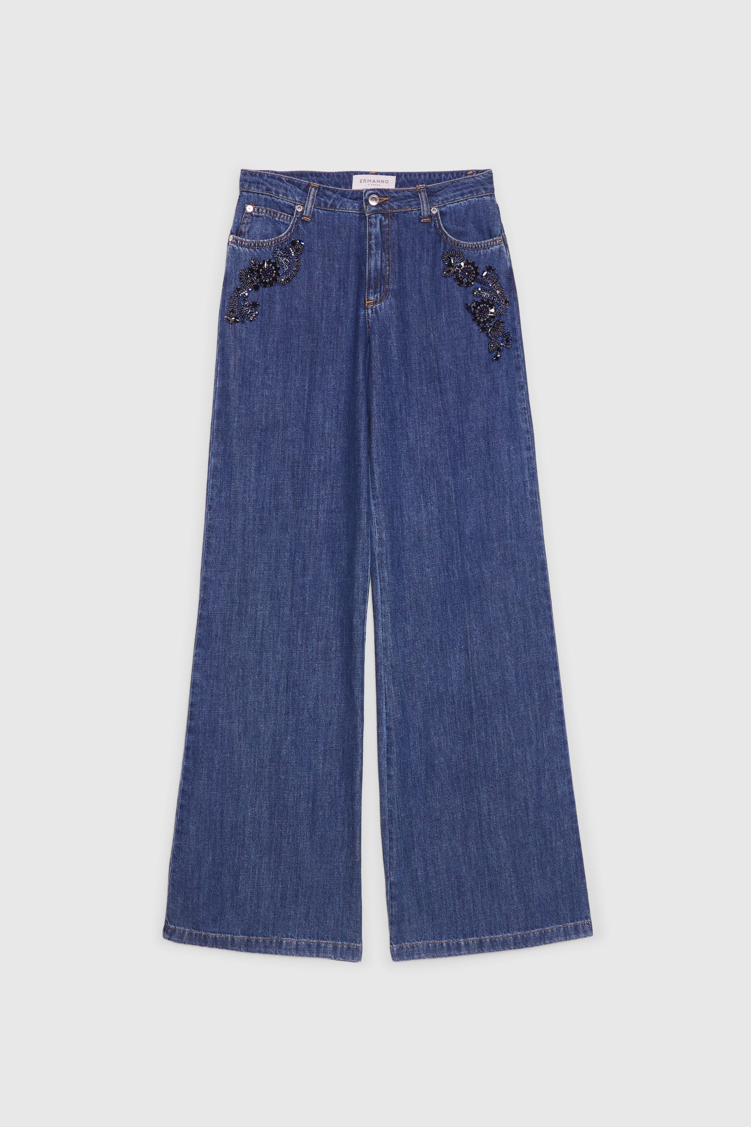 FLARE JEANS WITH JEWELLED FLORAL EMBROIDERY 