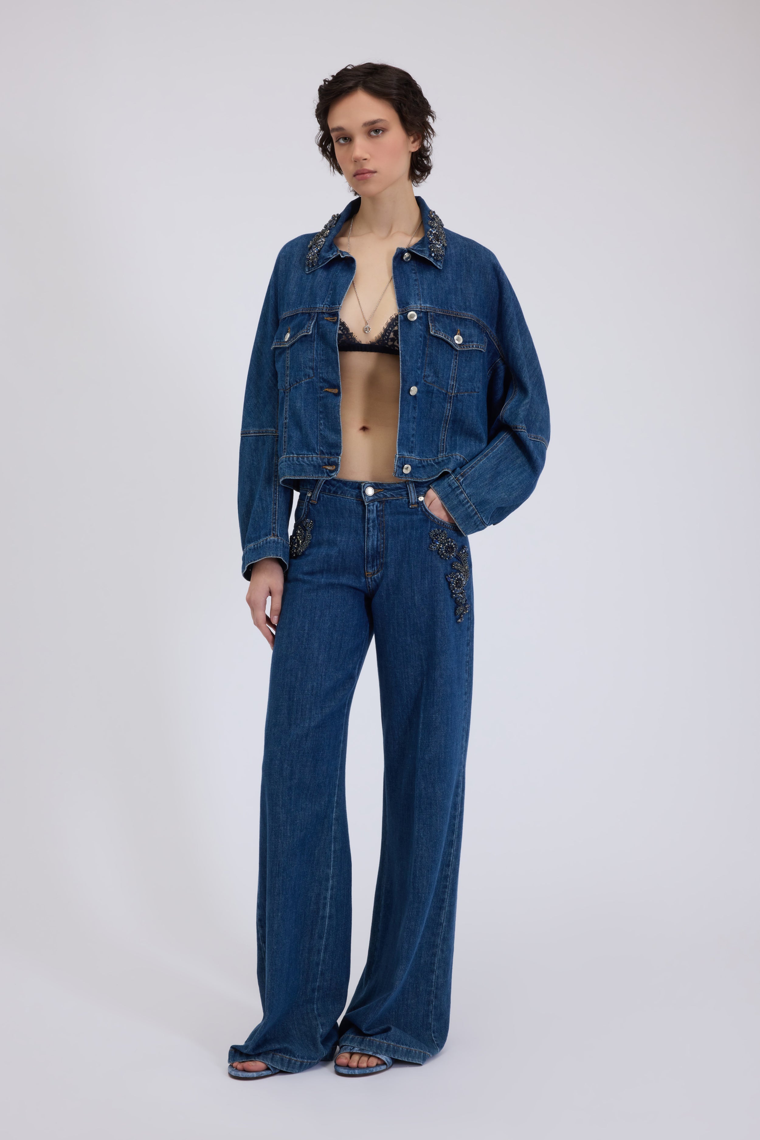 FLARE JEANS WITH JEWELLED FLORAL EMBROIDERY 