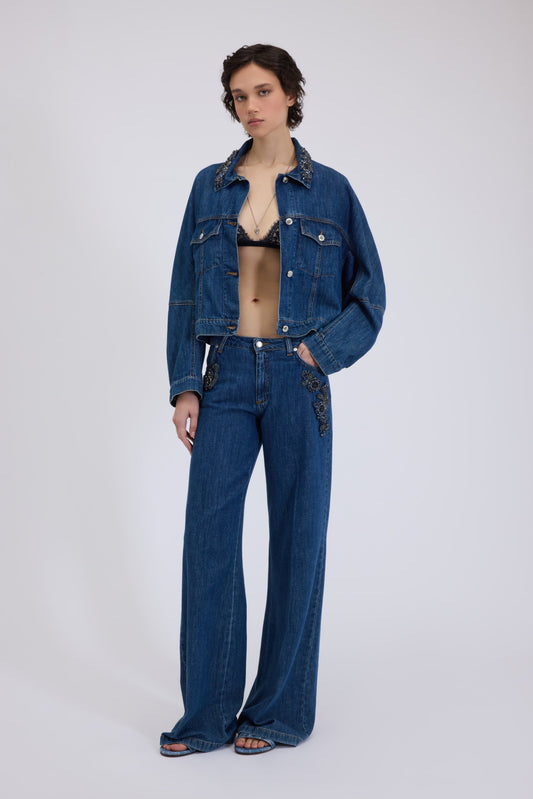 FLARE JEANS WITH JEWELLED FLORAL EMBROIDERY 