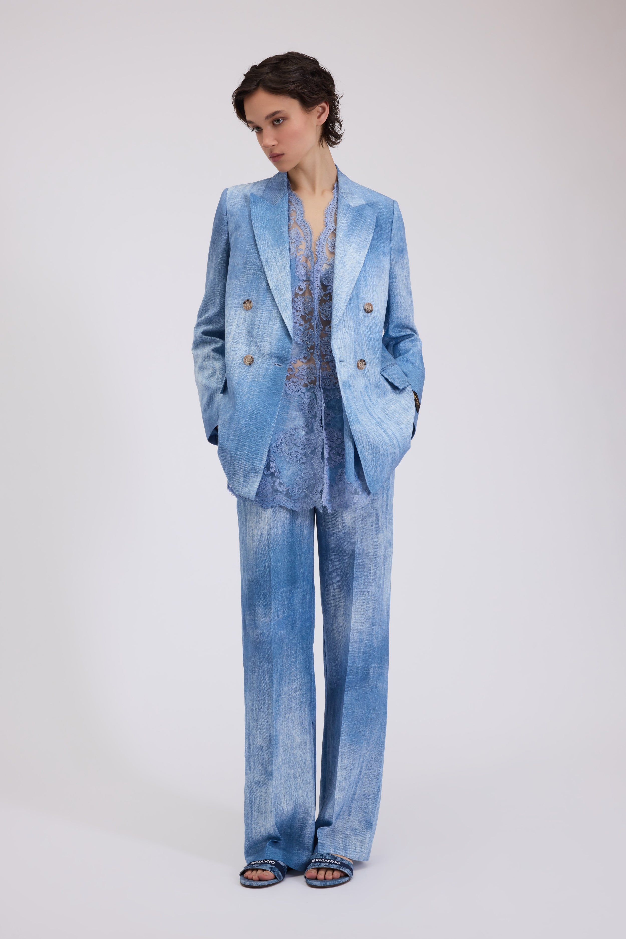 PANTALON COUTURIER EN LIN MèLANGE IMPRIMÉ DENIM 