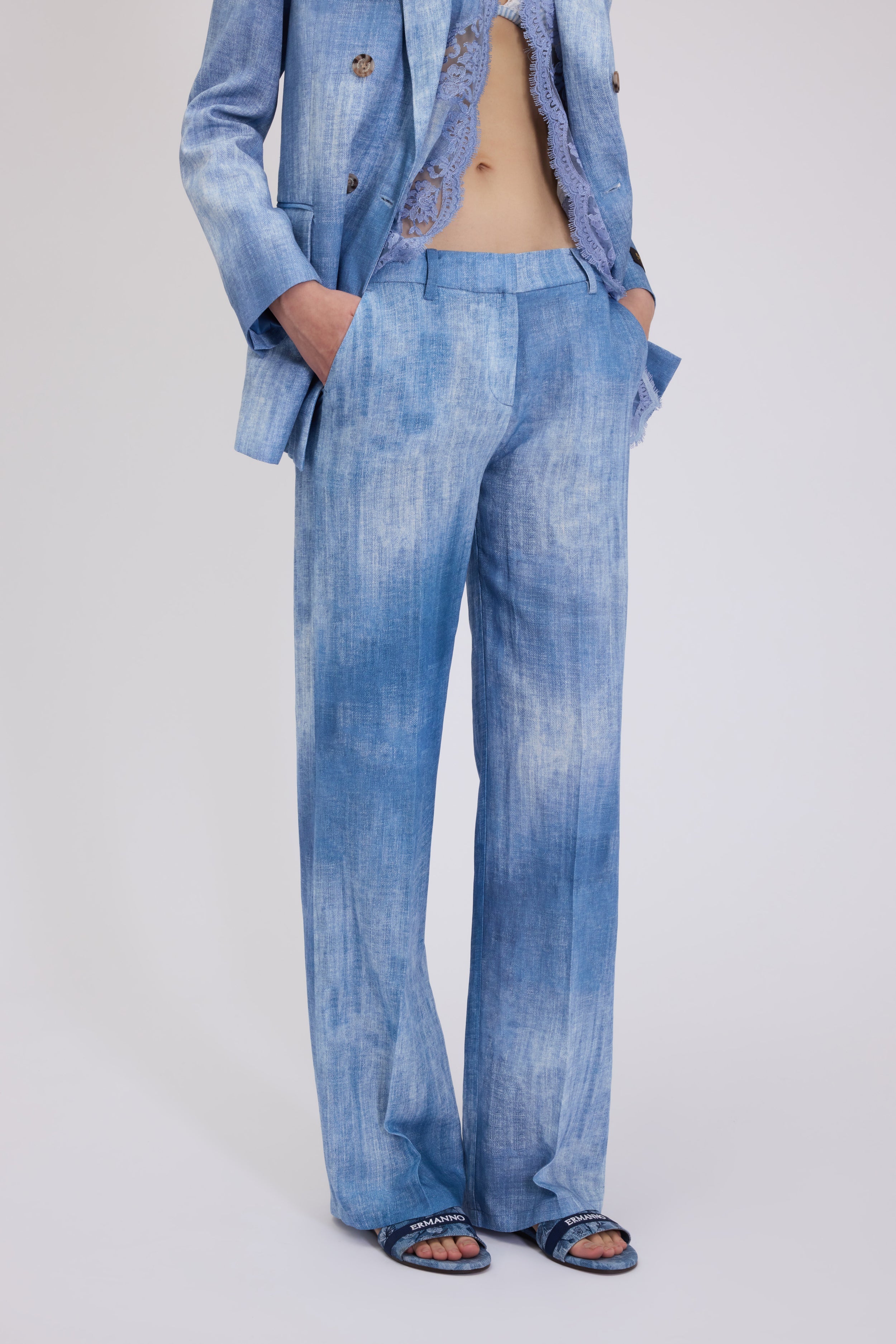 PANTALON COUTURIER EN LIN MèLANGE IMPRIMÉ DENIM 