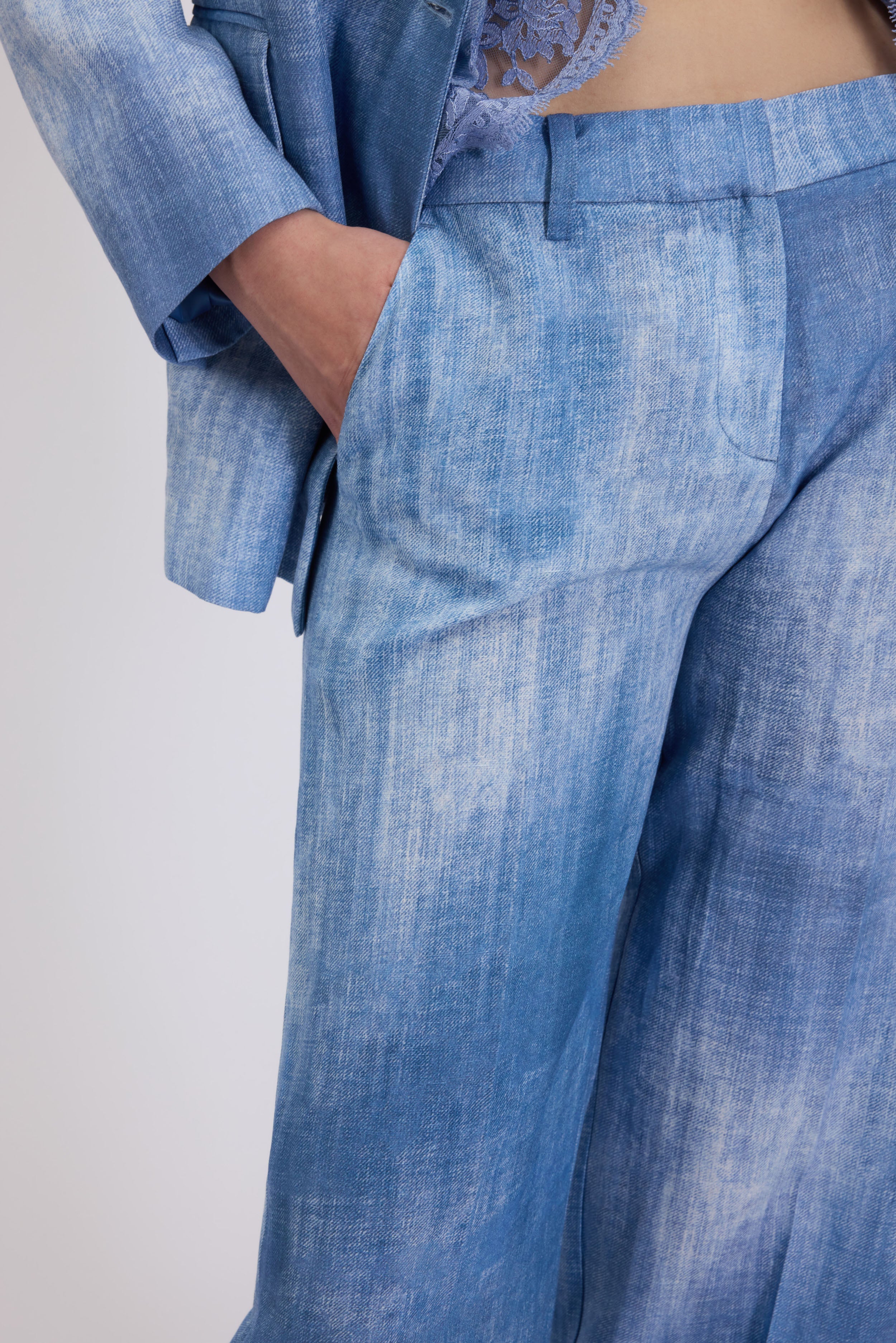 PANTALON COUTURIER EN LIN MèLANGE IMPRIMÉ DENIM 