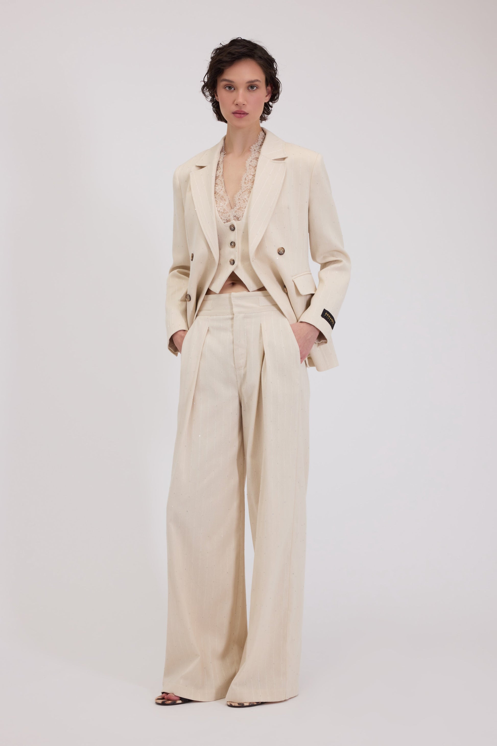 PANTALONI AMPI IN TESSUTO GESSATO CON PAILLETTES