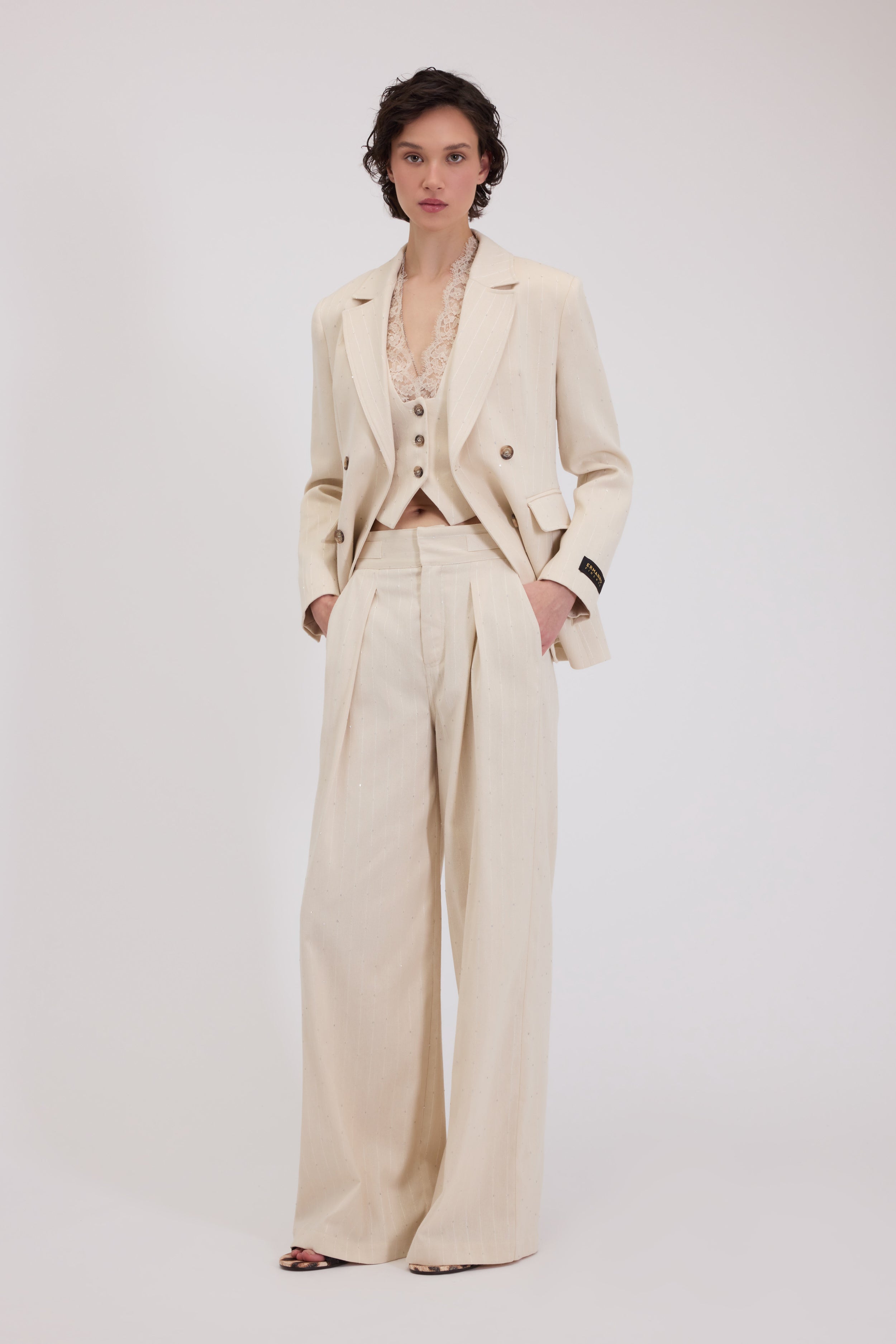 PANTALONI AMPI IN TESSUTO GESSATO CON PAILLETTES