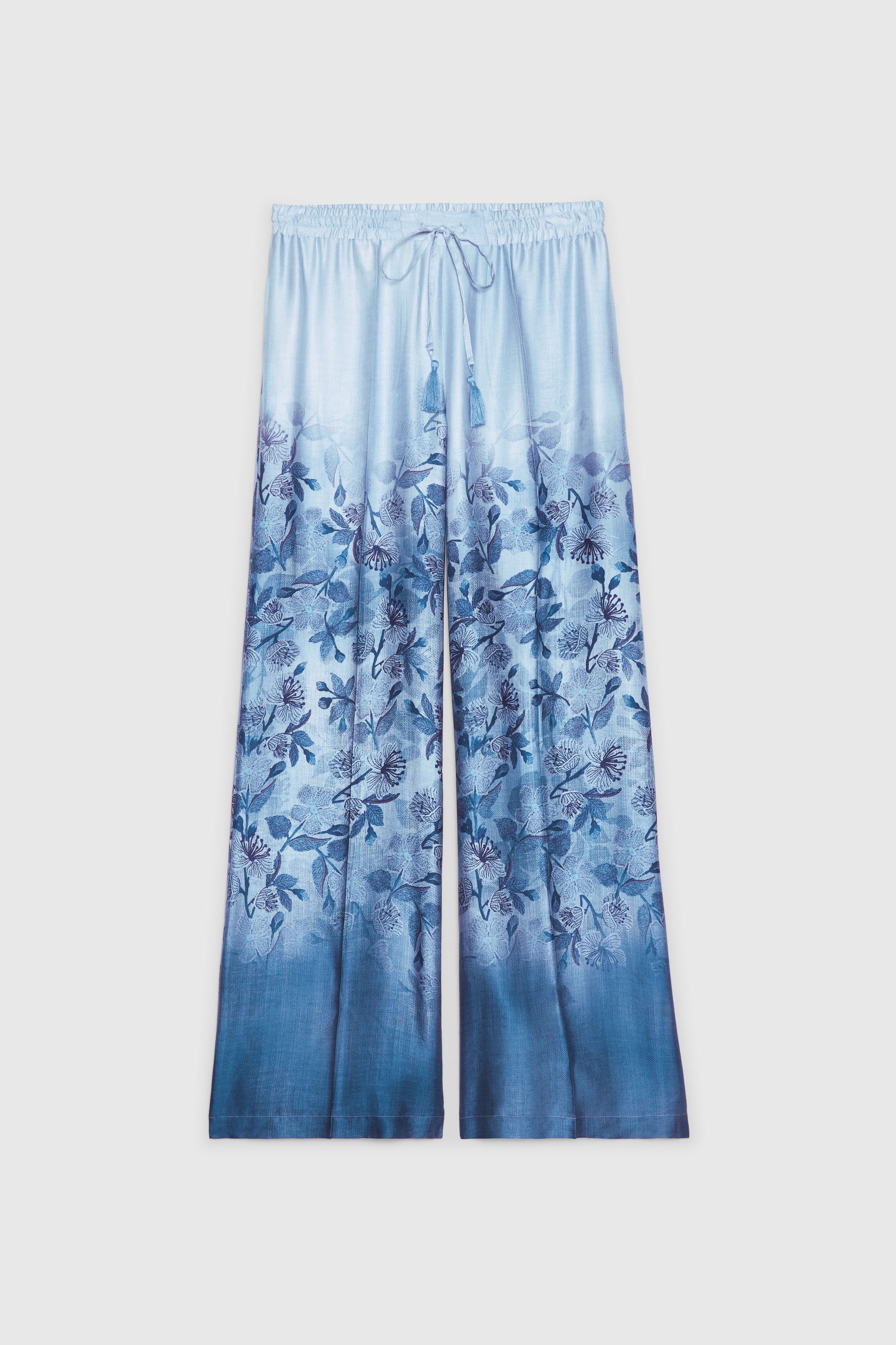PANTALONI IN RASO STAMPA DENIM FLOREALE SFUMATA