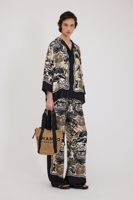 SATIN VISCOSE PANTS WITH TROPICAL PRINT