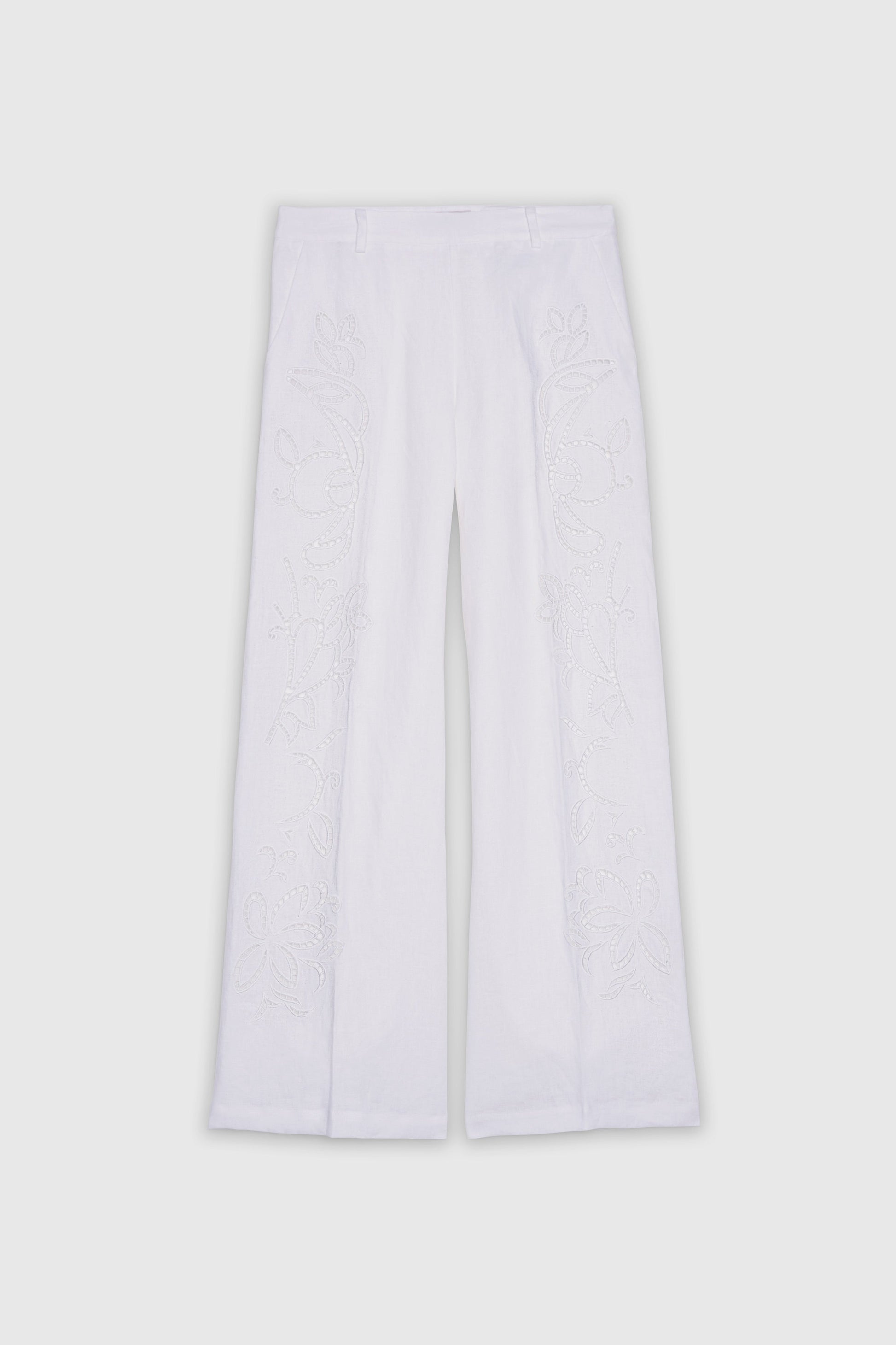 PANTALONI SARTORIALI IN LINO CON RICAMO SANGALLO