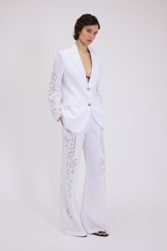 TAILORED LINEN PANTS WITH BRODERIE ANGLAISE