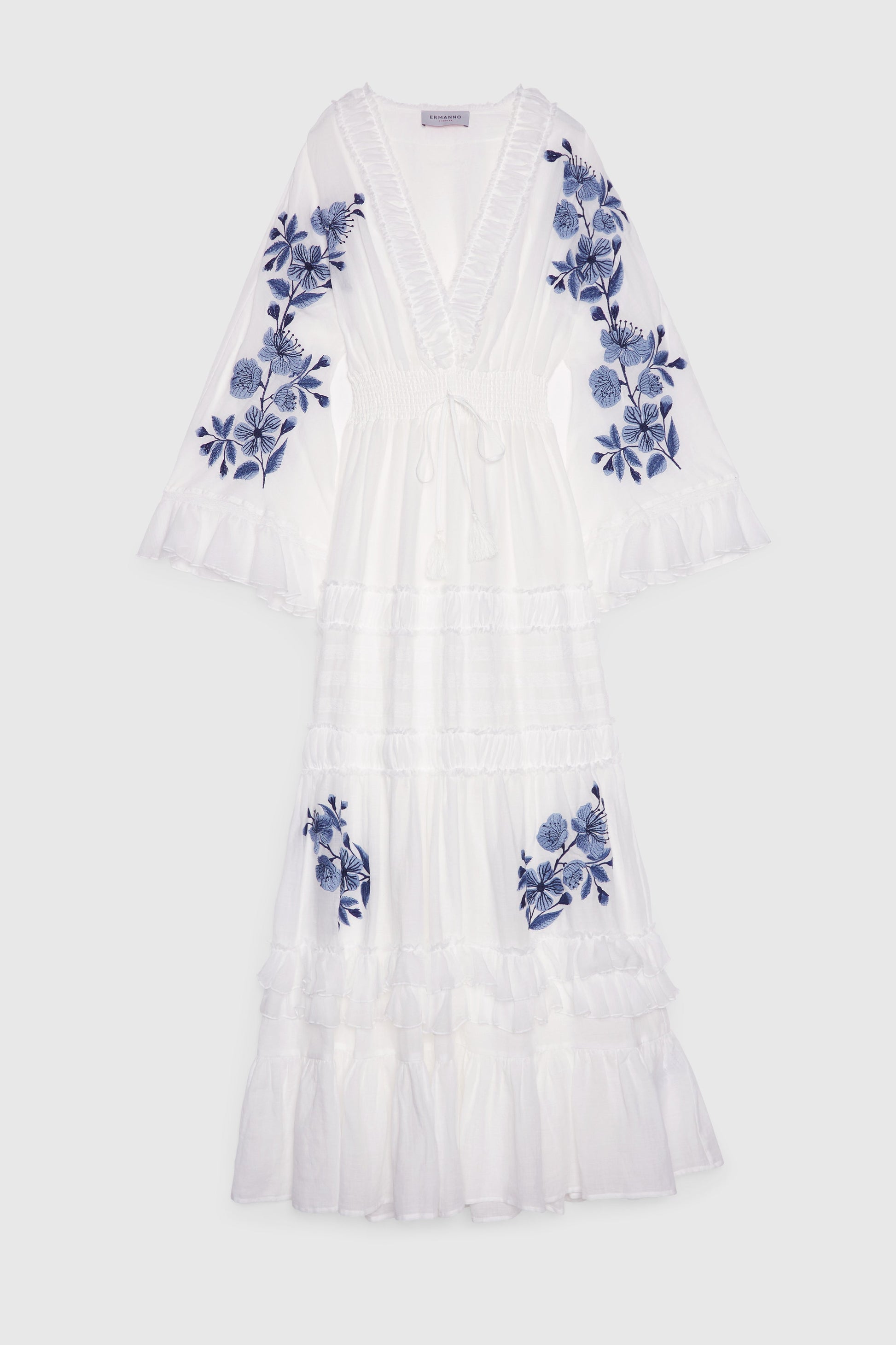 ROBE LONGUE EN MOUSSELINE À VOLANTS AVEC FLEURS BRODÉS