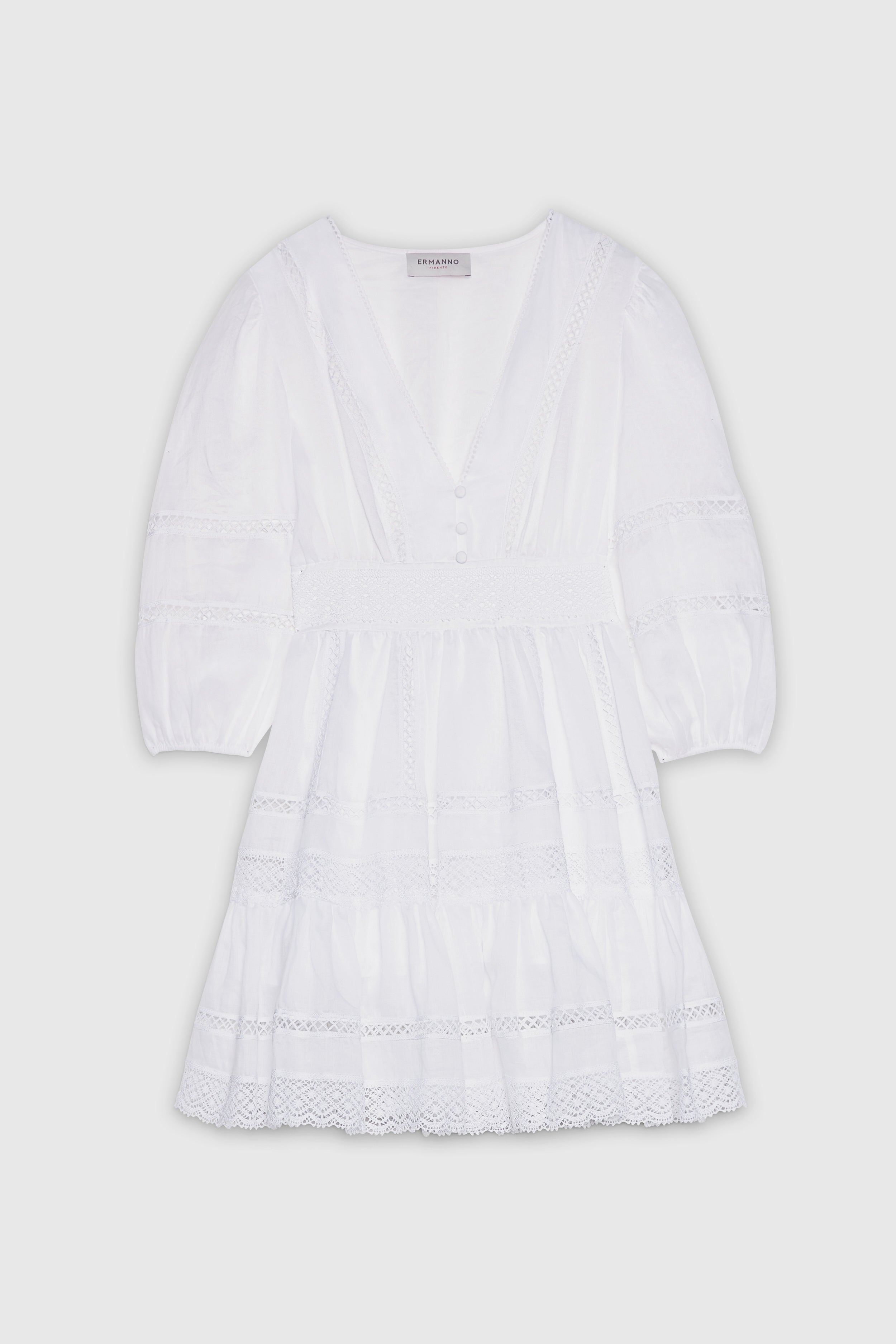 SHORT MUSLIN FLOUNCE DRESS WITH CROCHET LACES