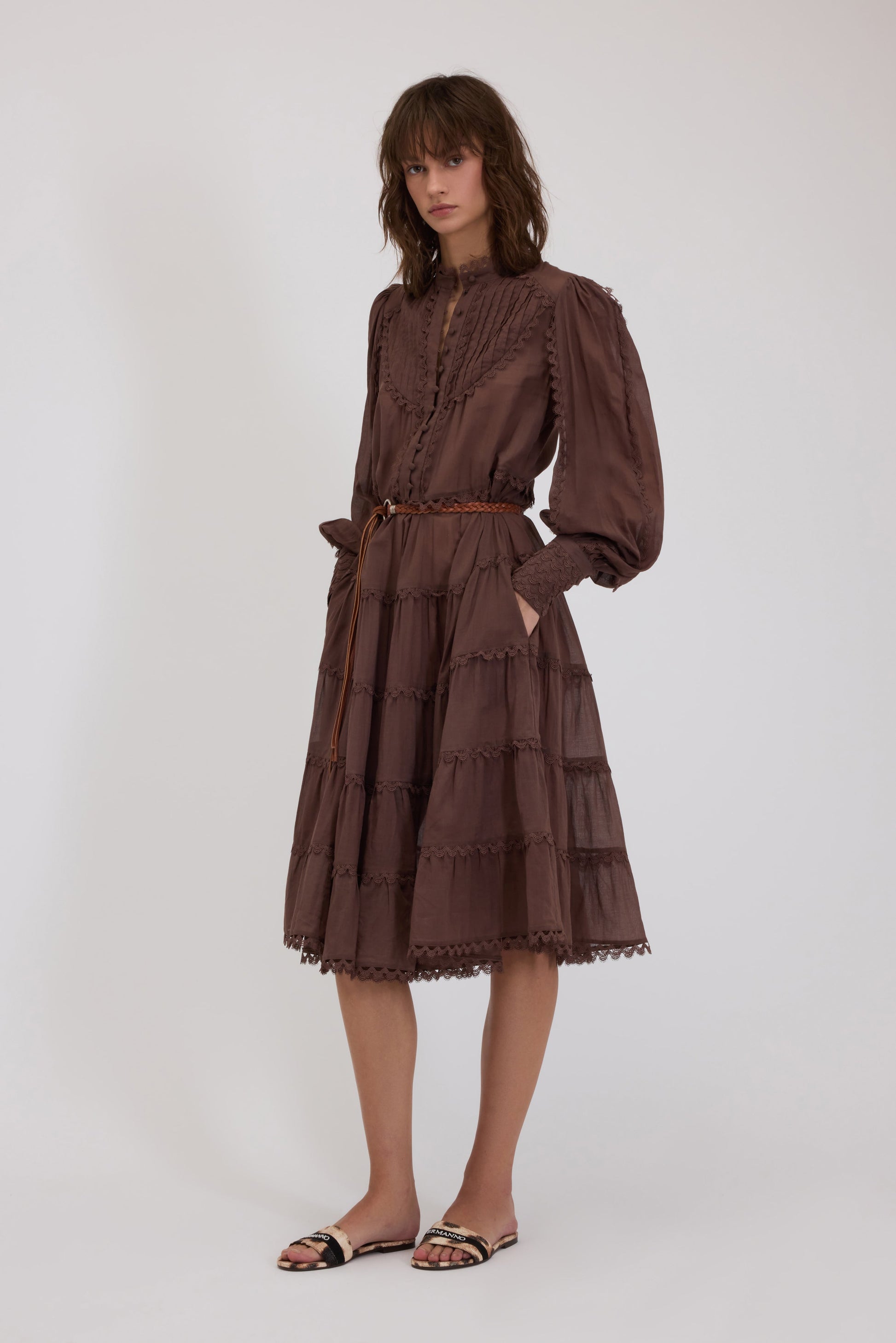 MIDI MUSLIN DRESS WITH FLOUNCES AND TRIMMINGS – ERMANNO FIRENZE