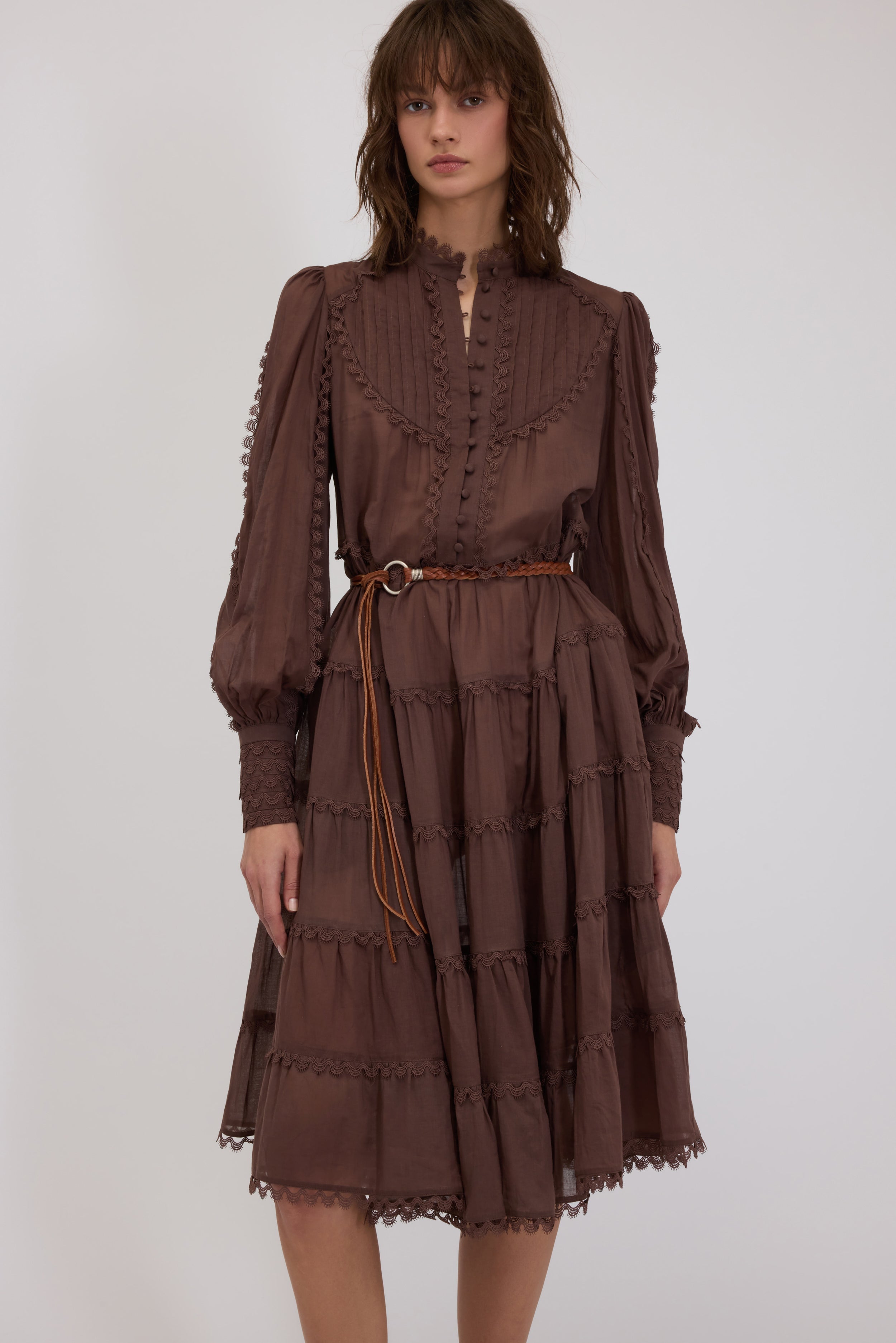 brown muslin dress MIDI WITH FLOUNCES AND TRIMMINGS – ERMANNO FIRENZE Cotton muslin