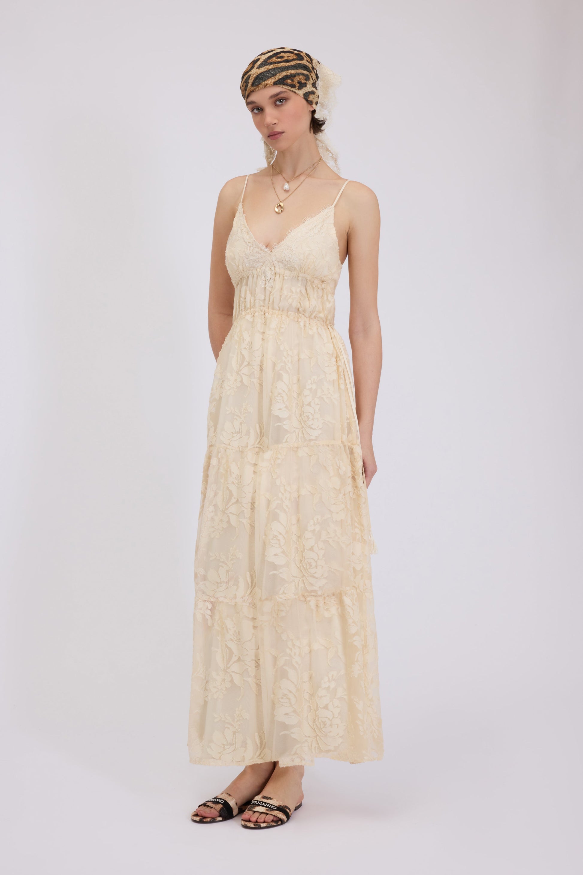 ABITO LUNGO A BALZE IN RASO DEVORÉ FLOREALE