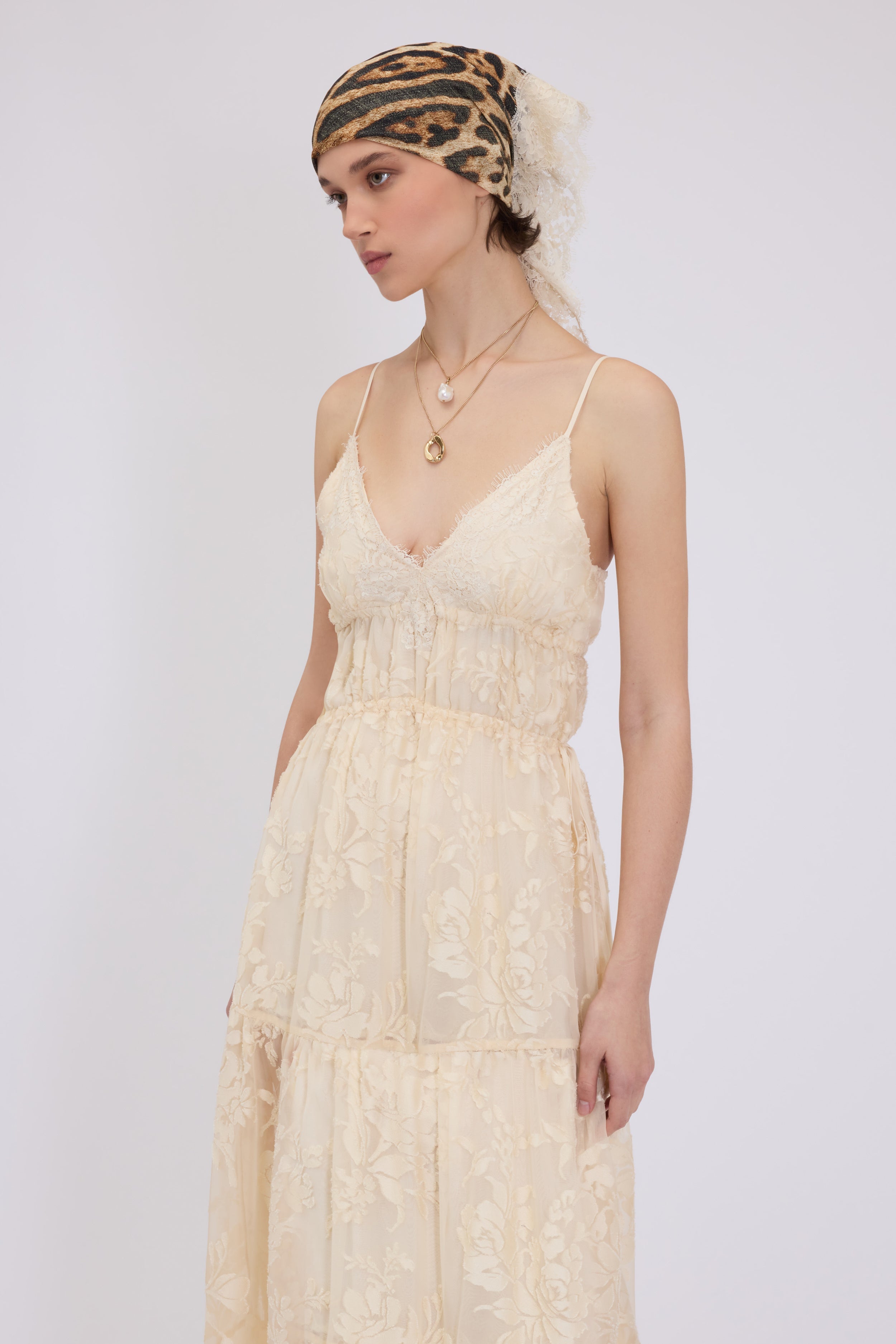 ABITO LUNGO A BALZE IN RASO DEVORÉ FLOREALE