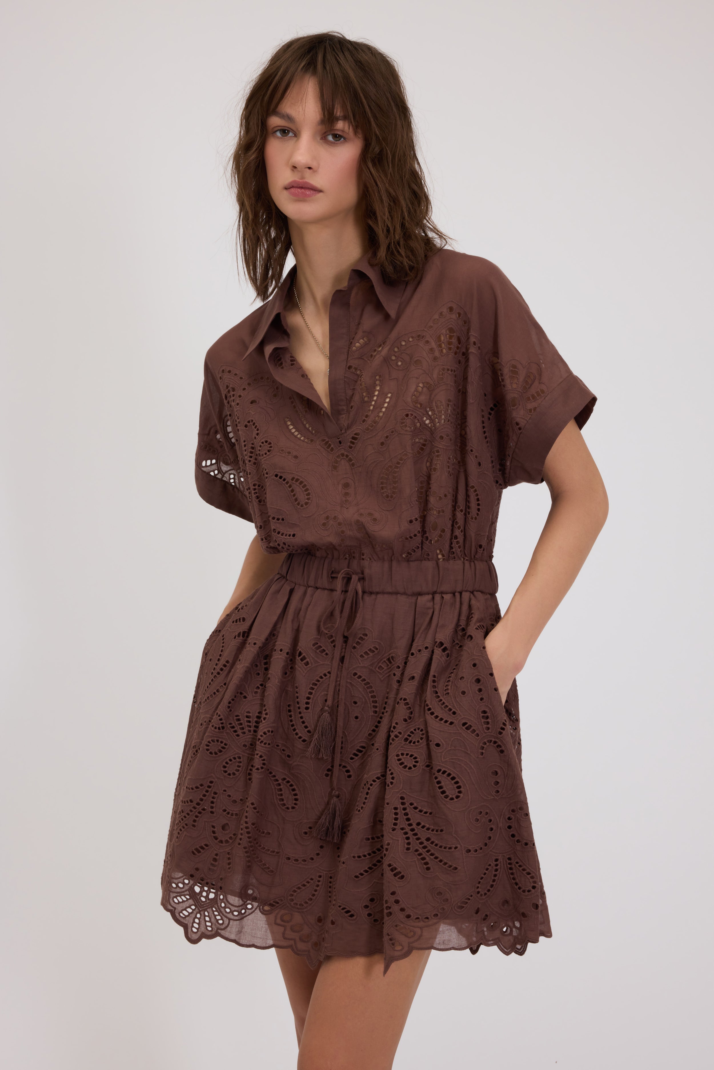 SHORT MUSLIN CHEMISIER DRESS WITH BRODERIE ANGLAISE 