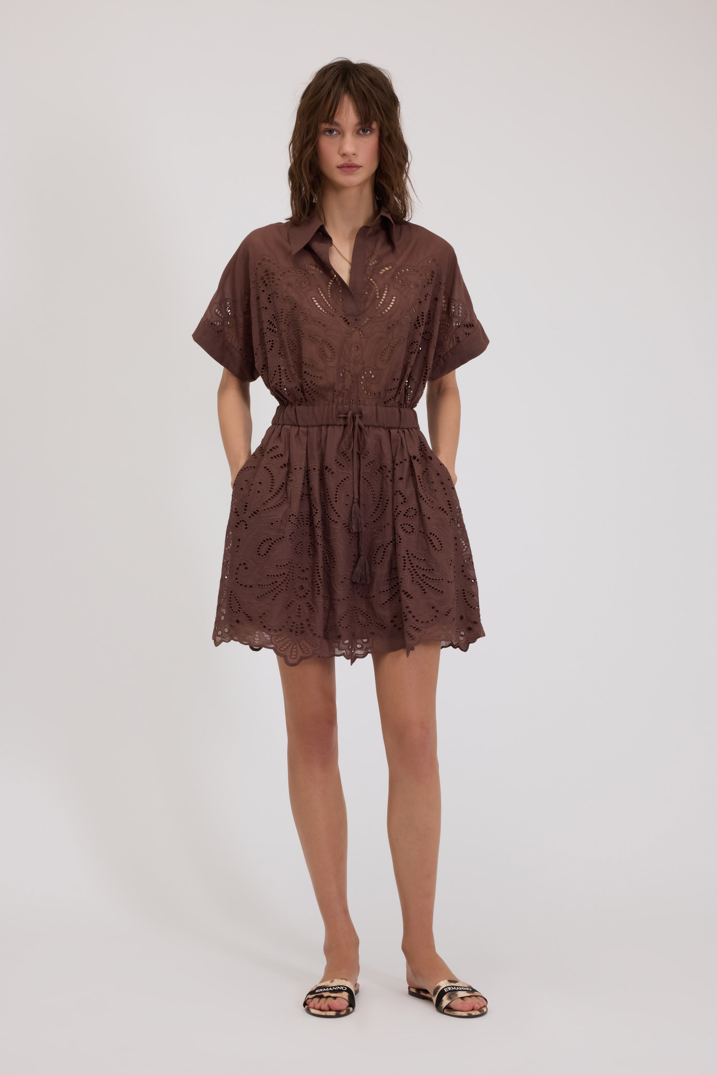 SHORT MUSLIN CHEMISIER DRESS WITH BRODERIE ANGLAISE 