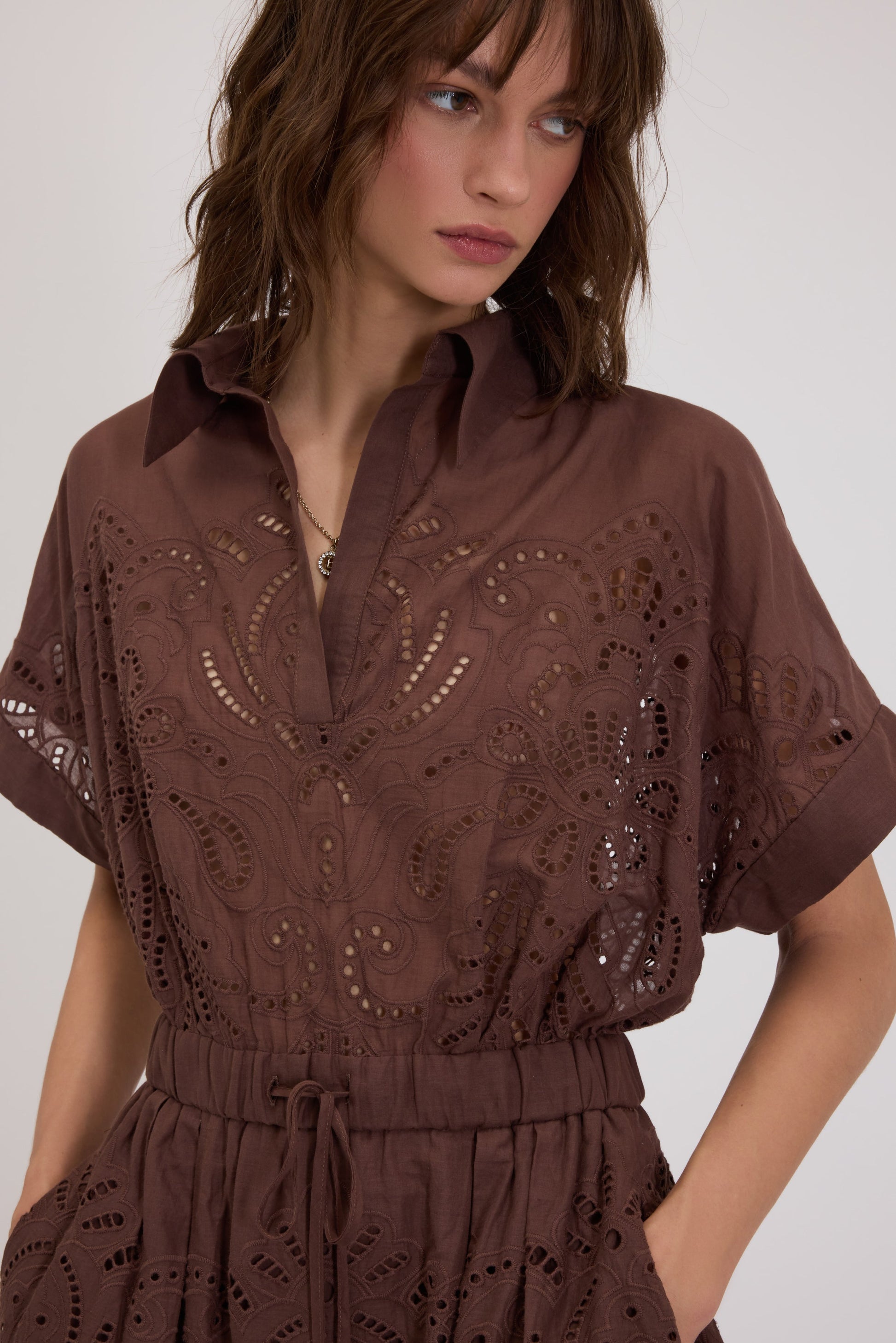 SHORT MUSLIN CHEMISIER DRESS WITH BRODERIE ANGLAISE 