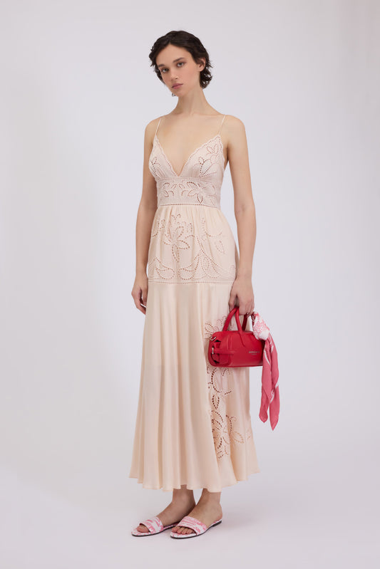 LONG SATIN DRESS WITH BRODERIE ANGLAISE