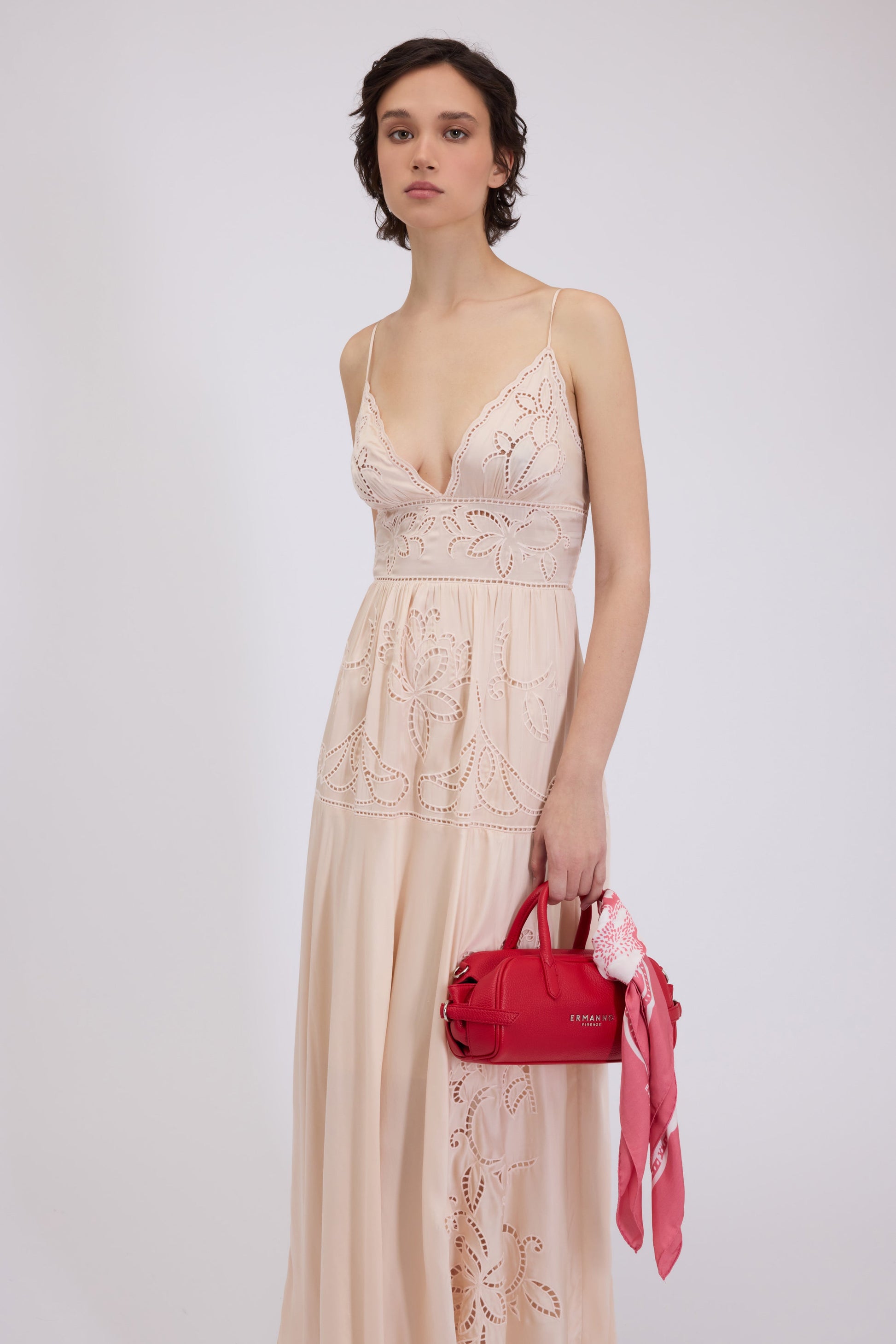 LONG SATIN DRESS WITH BRODERIE ANGLAISE