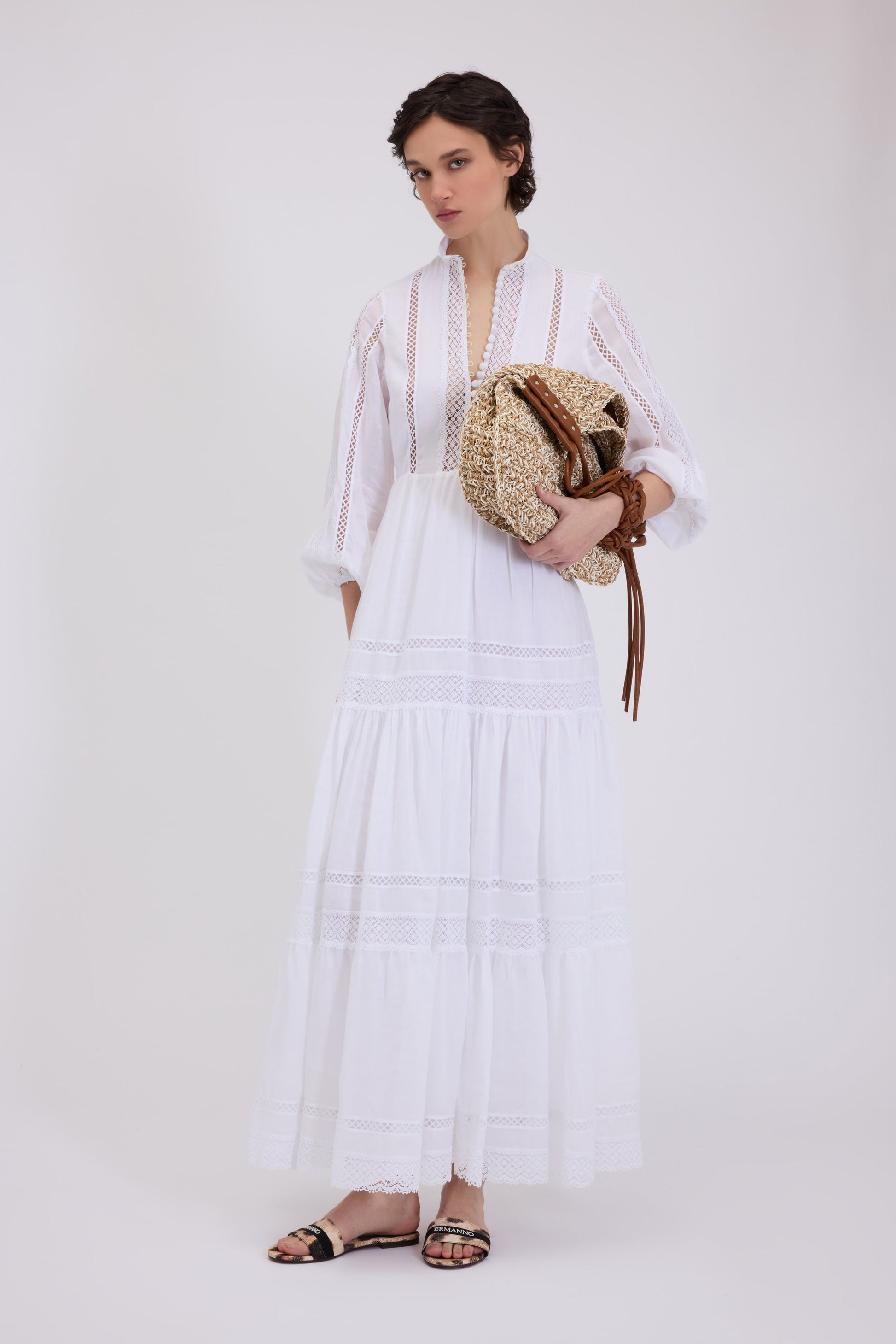 LONG MUSLIN DRESS WITH FLOUNCES AND CROCHET LACE – ERMANNO FIRENZE LONG MUSLIN DRESS WITH FLOUNCES AND CROCHET LACE – ERMANNO FIRENZE
