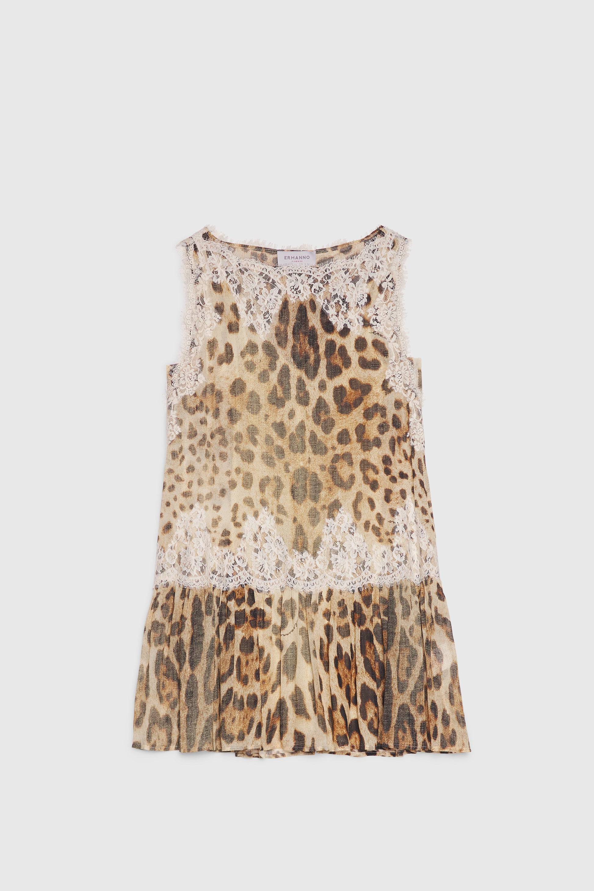 ROBE COURTE EN GEORGETTE IMPRIMÉ LÉOPARD AVEC DENTELLE