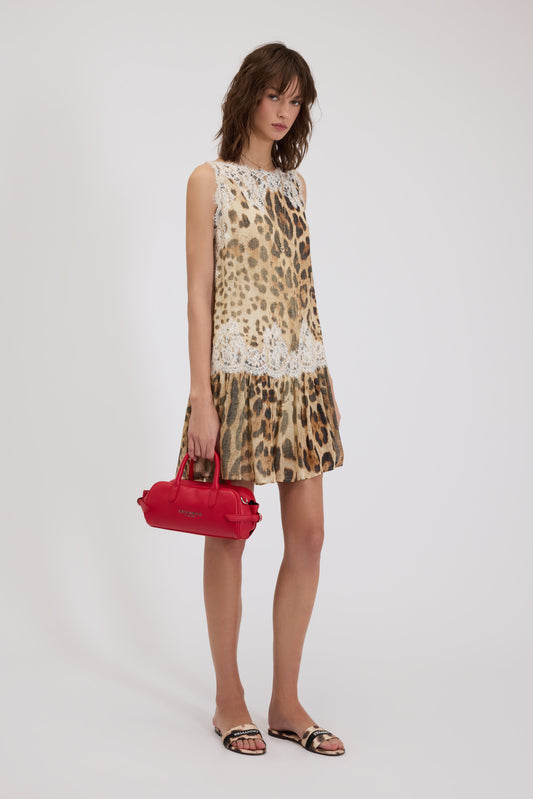 ABITO CORTO IN GEORGETTE STAMPA ANIMALIER CON PIZZO