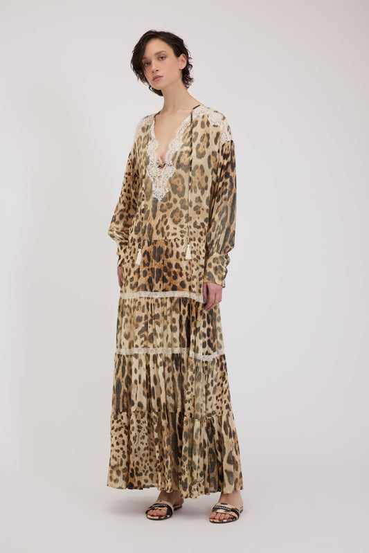 ABITO KAFTANO IN GEORGETTE STAMPA ANIMALIER CON PIZZO