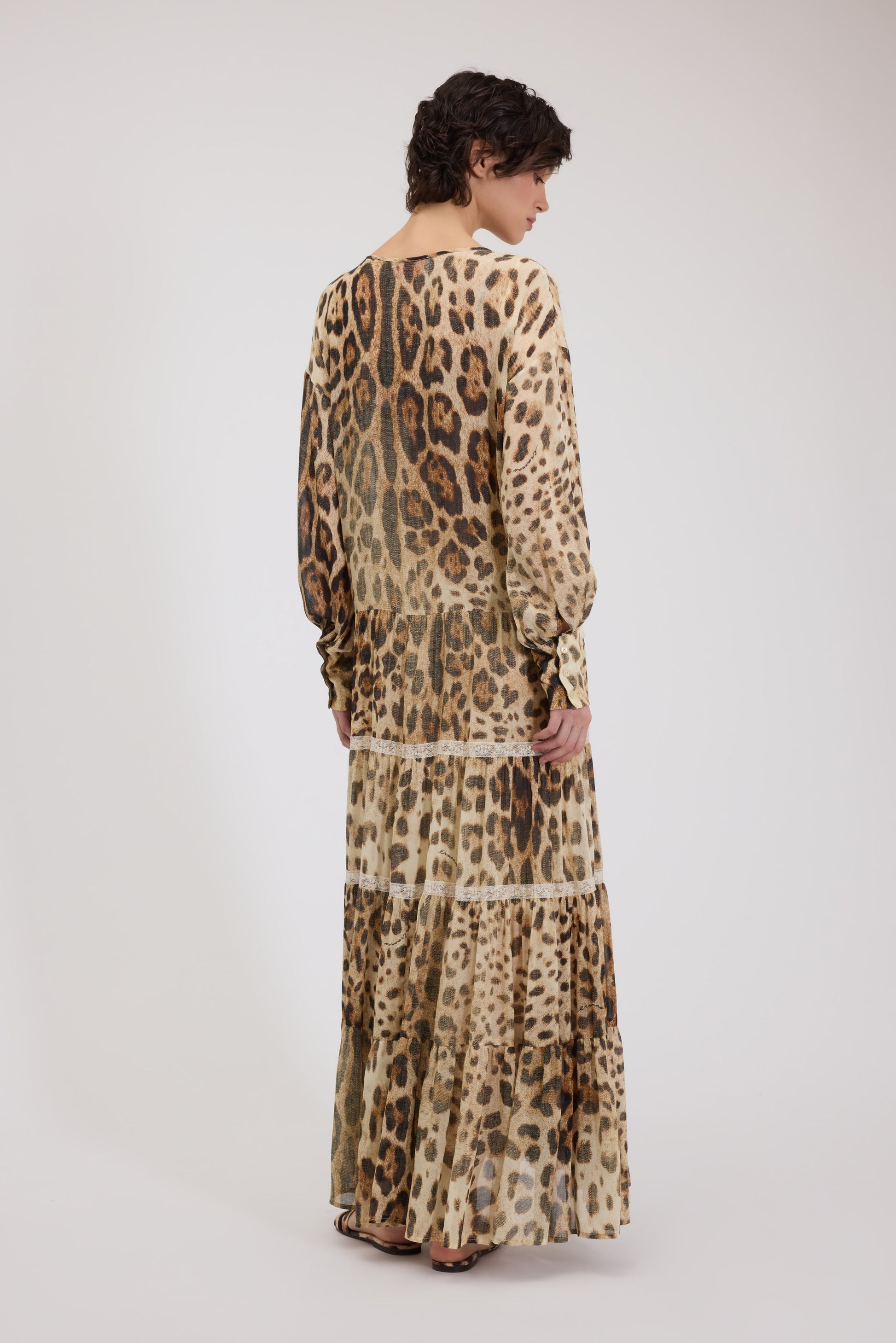 LEOPARD PRINT GEORGETTE KAFTAN DRESS WITH LACE