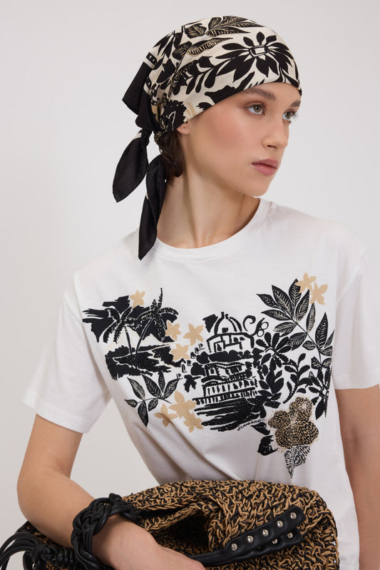 VISCOSE SATIN SCARF WITH TROPICAL PRINT