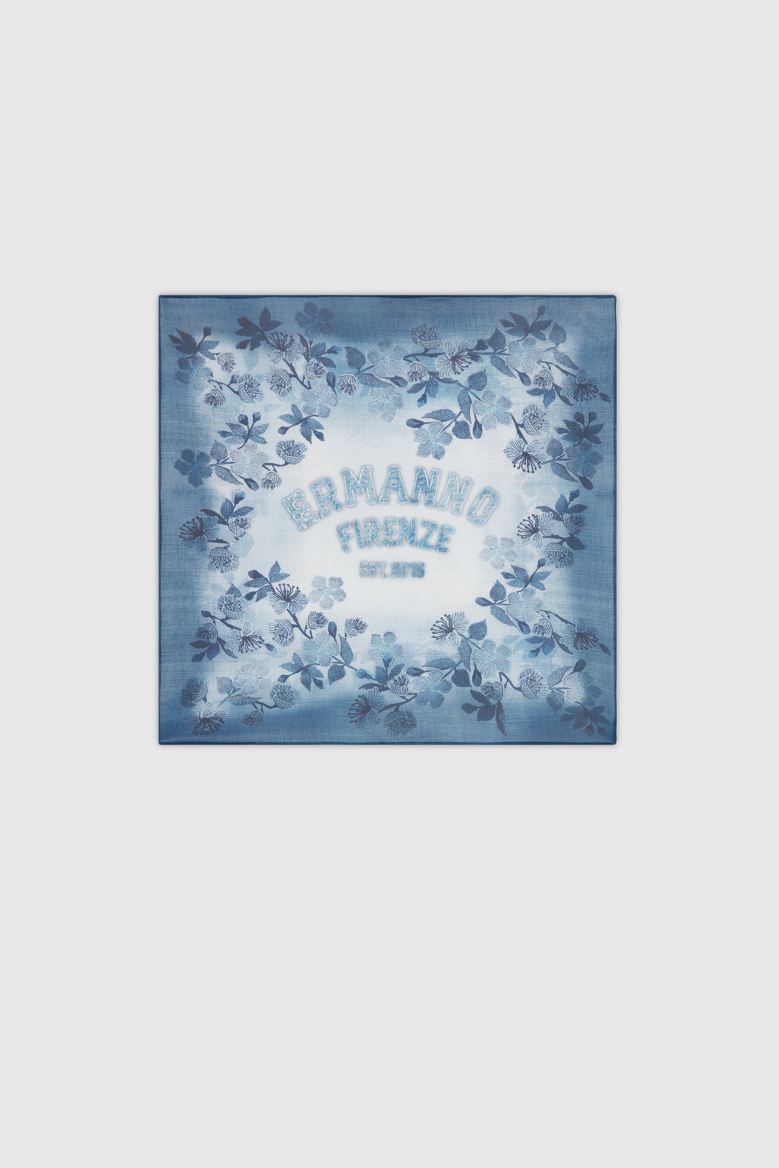 SATIN SCARF WITH FADED DENIM PRINT AND LOGO