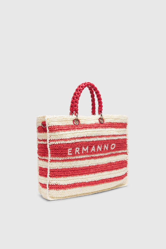 BORSA SHOPPING GRANDE IN RAFIA A RIGHE CON LOGO RICAMATO
