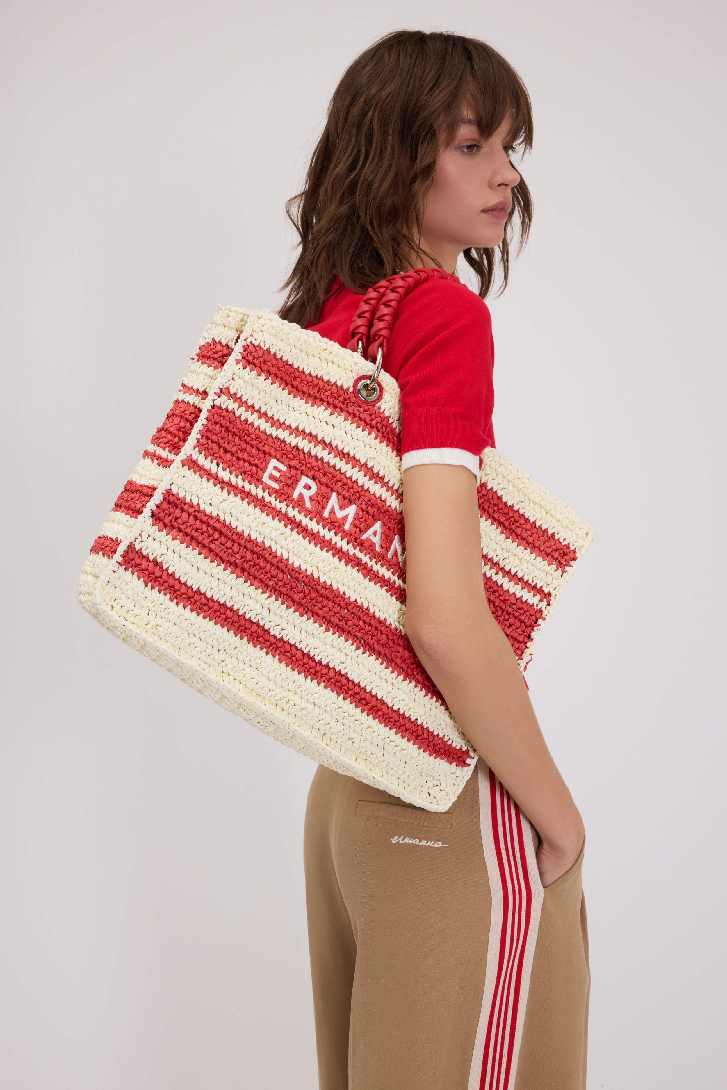 LARGE STRIPED RAFFIA SHOPPING BAG WITH EMBROIDERED LOGO