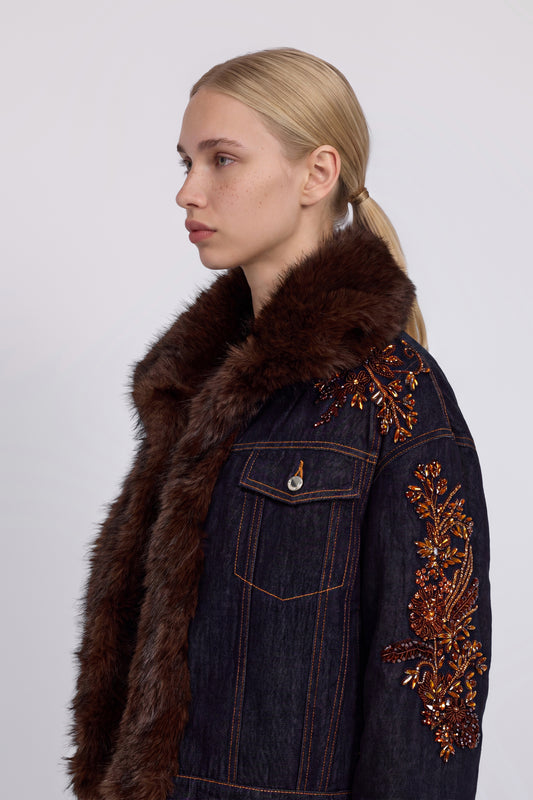 GIACCA IN DENIM CON RICAMI GIOIELLO E INTERNO IN ECOPOLECCIA