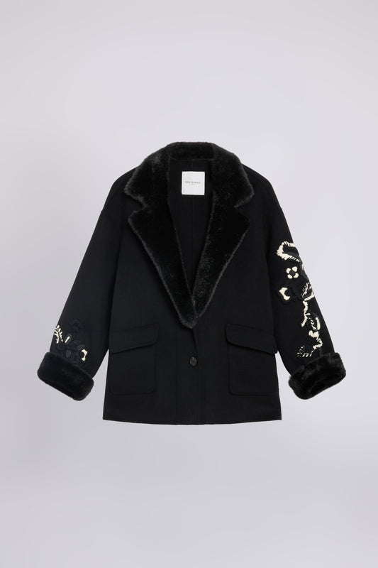 DOUBLE JACKET WITH EMBROIDERIES AND ECO FUR INSERTS