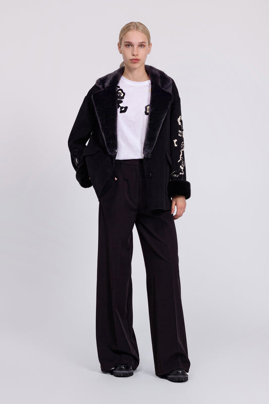 DOUBLE JACKET WITH EMBROIDERIES AND ECO FUR INSERTS
