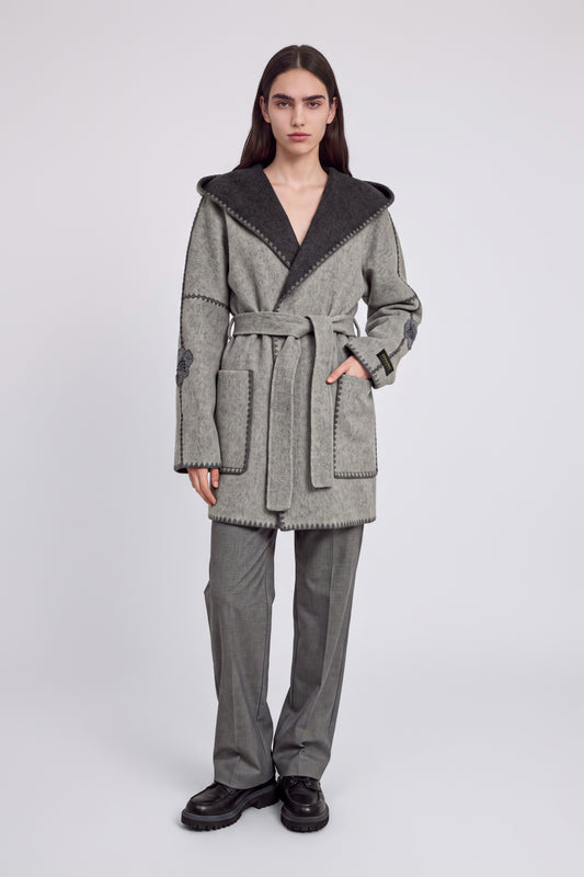 TWO-TONE DOUBLE COAT WITH WOOL EMBROIDERY