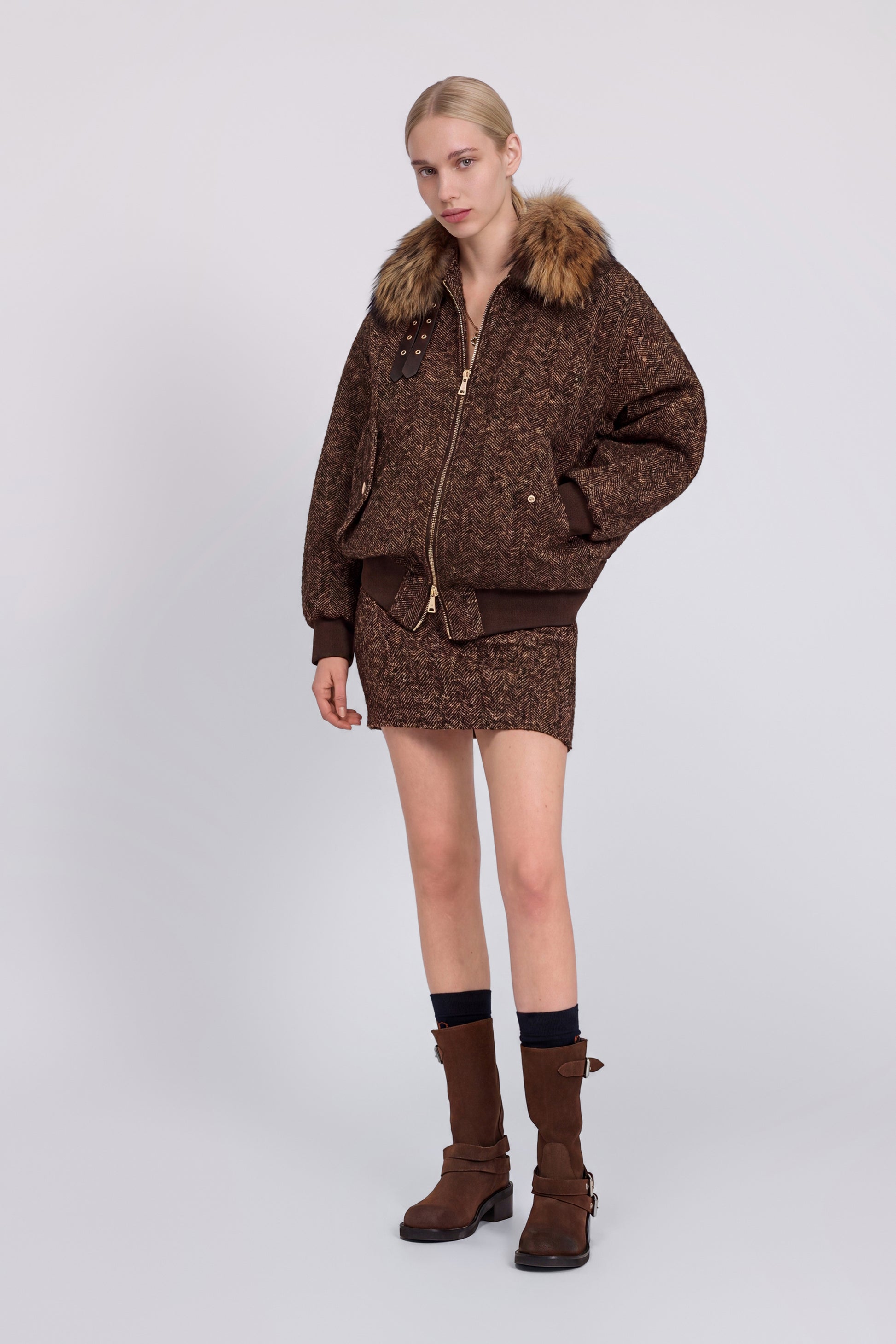 BLOUSON BOMBER EN TWEED AVEC COL EN FOURRURE