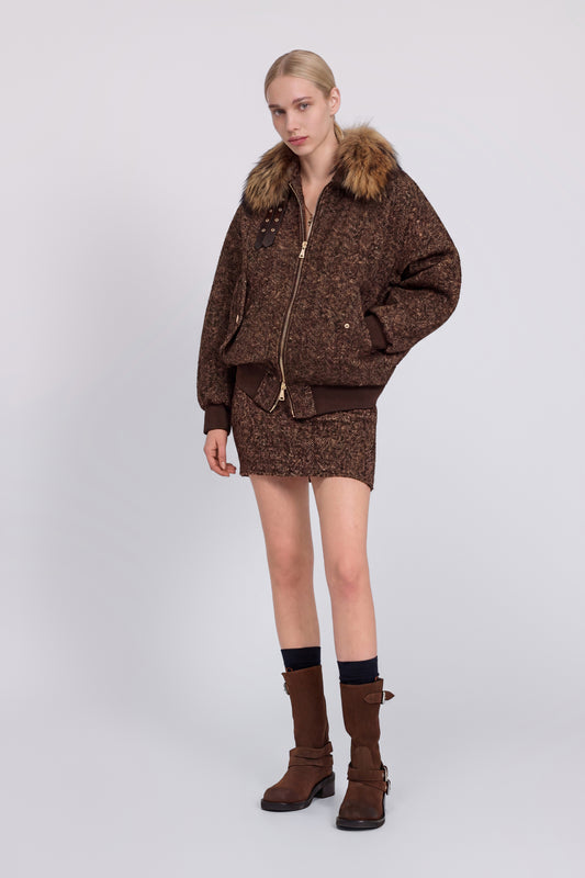 BLOUSON BOMBER EN TWEED AVEC COL EN FOURRURE