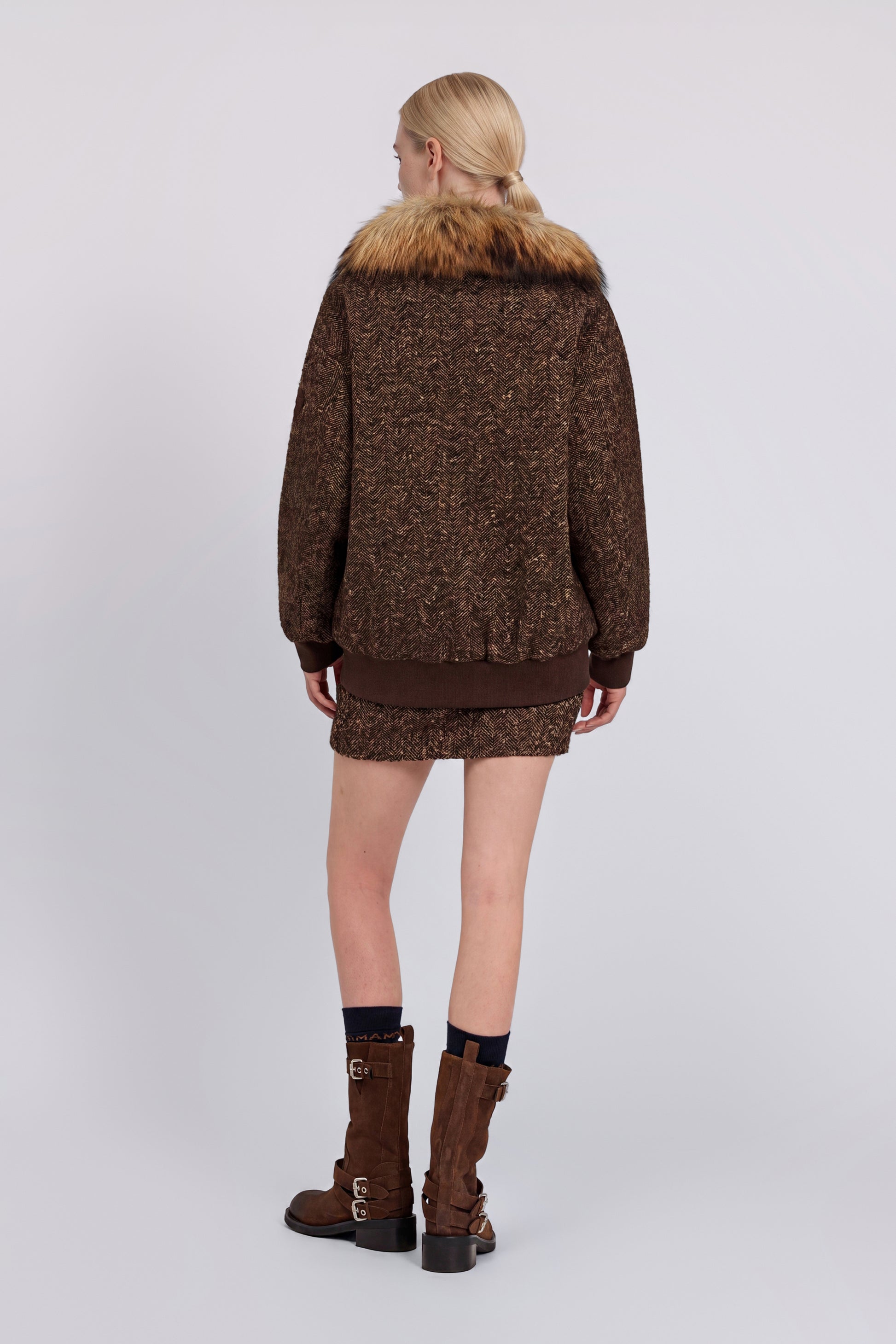 BLOUSON BOMBER EN TWEED AVEC COL EN FOURRURE