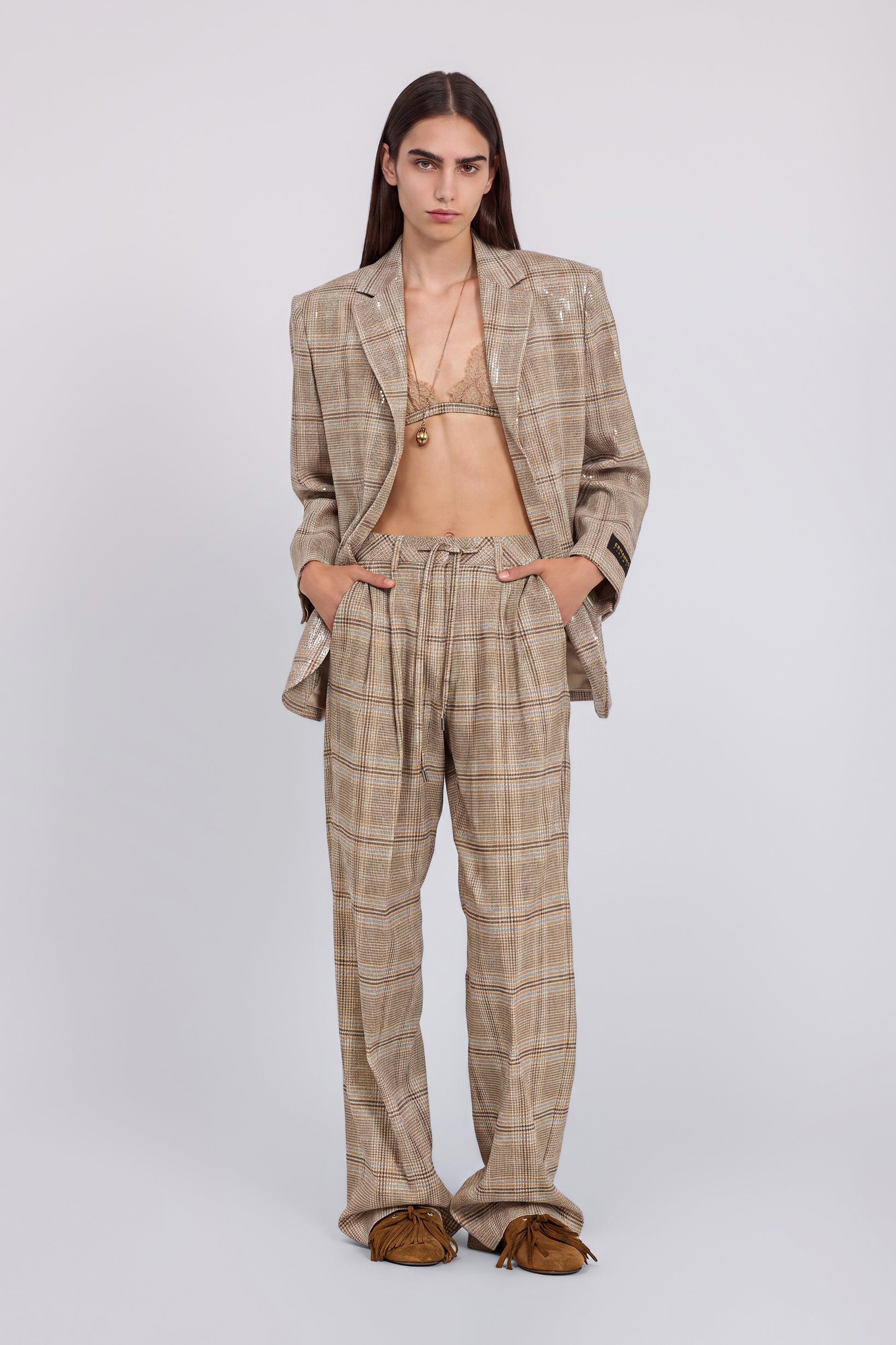 BLAZER À CARREAUX À SIMPLE BOUTTONAGE AVEC PAILLETTES