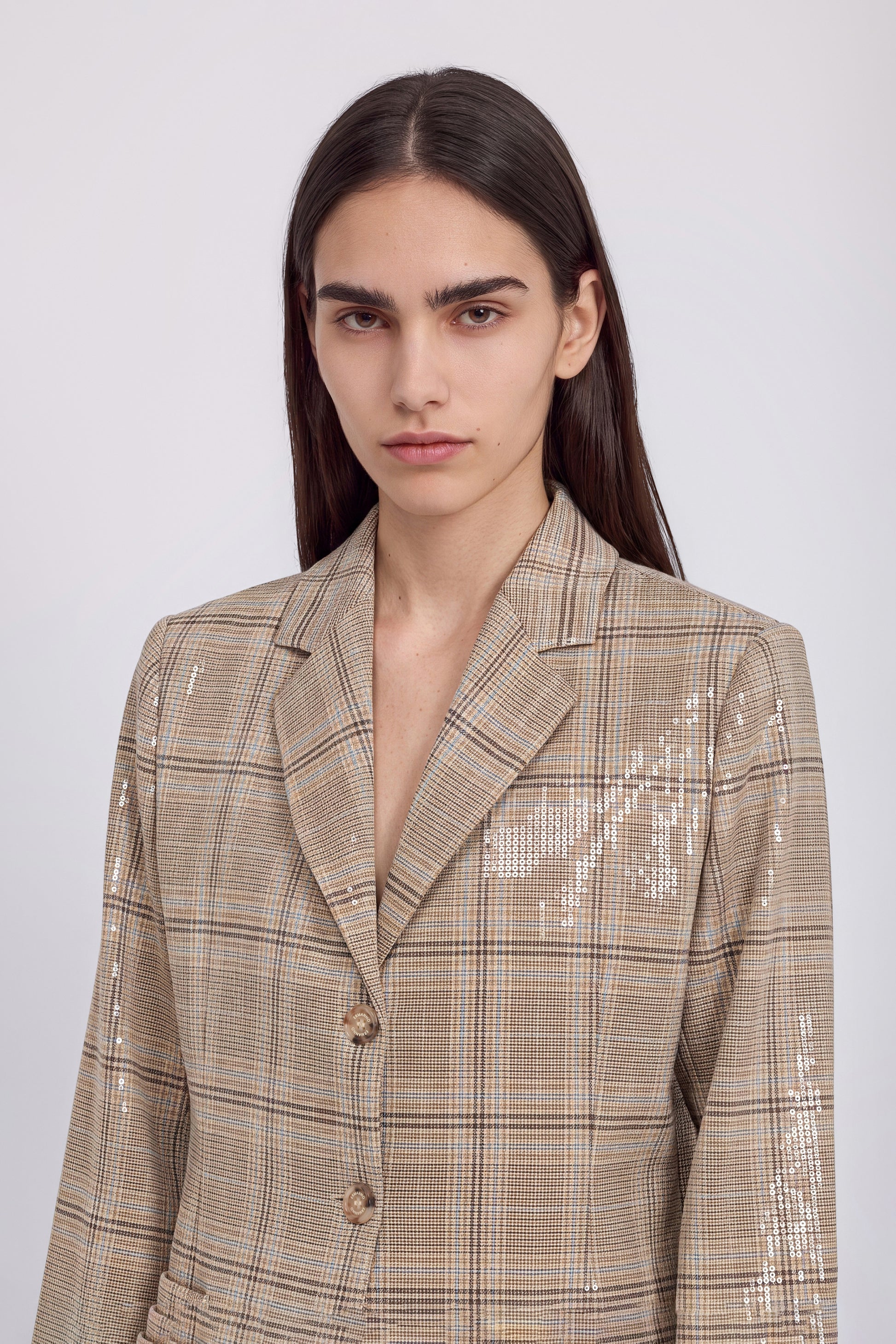 BLAZER À CARREAUX À SIMPLE BOUTTONAGE AVEC PAILLETTES