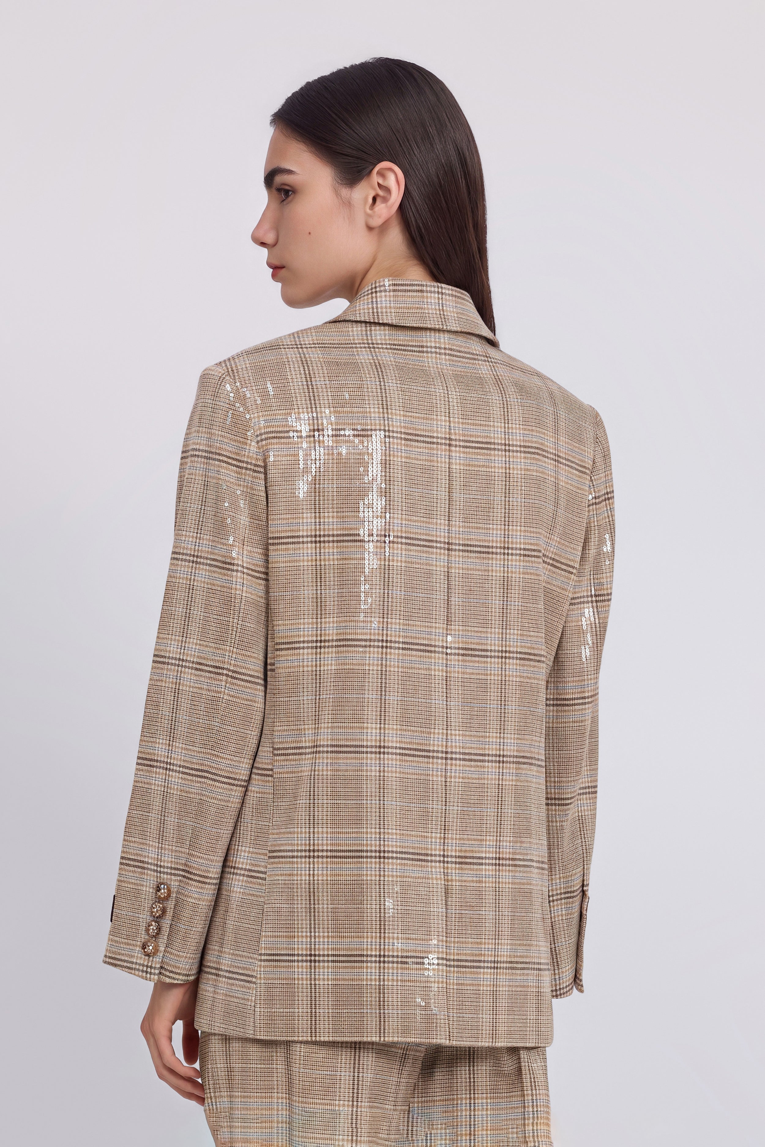BLAZER À CARREAUX À SIMPLE BOUTTONAGE AVEC PAILLETTES